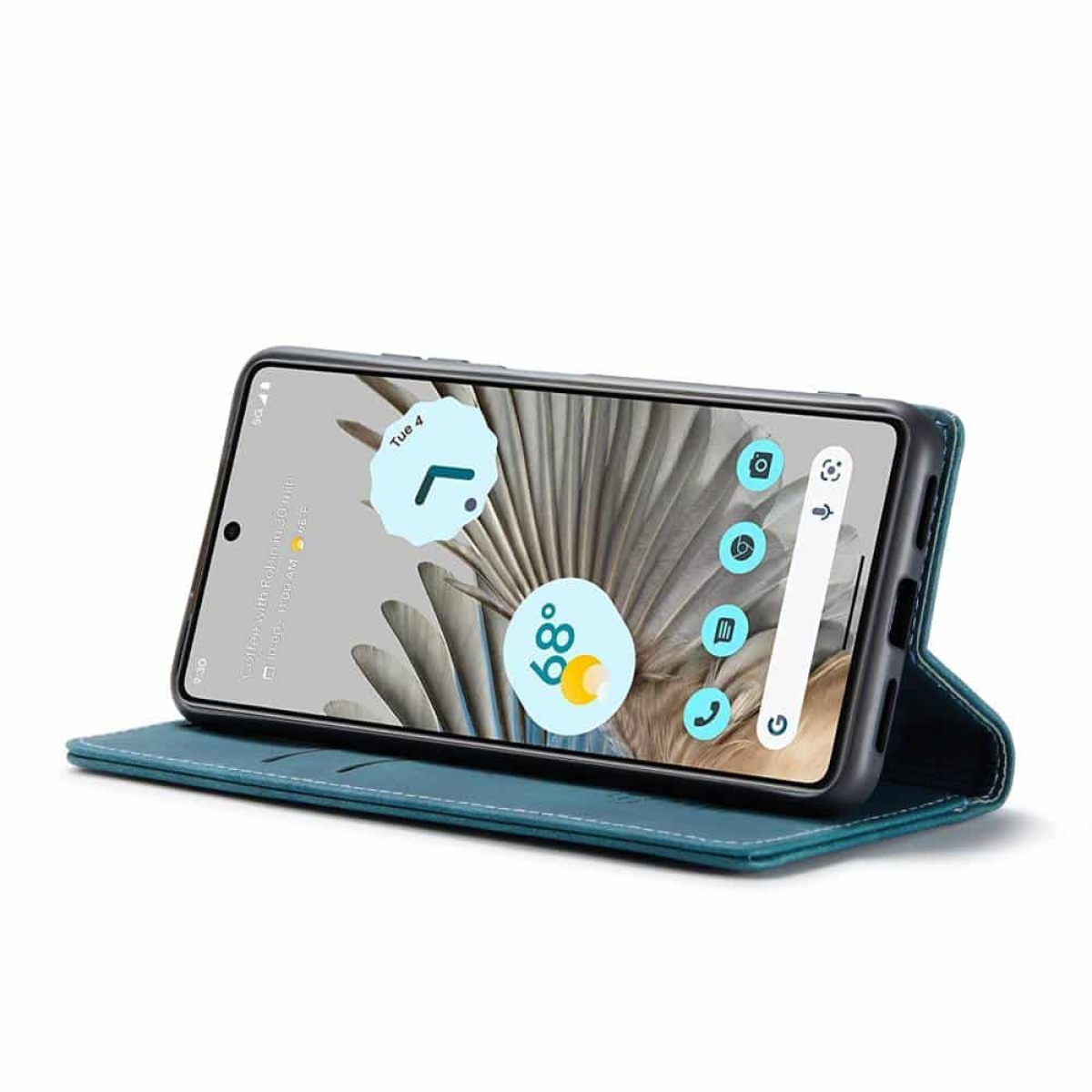 Eine blaue Handyhülle mit einem Telefon darin, das einen Startbildschirm zeigt. Die Hülle ist offen.