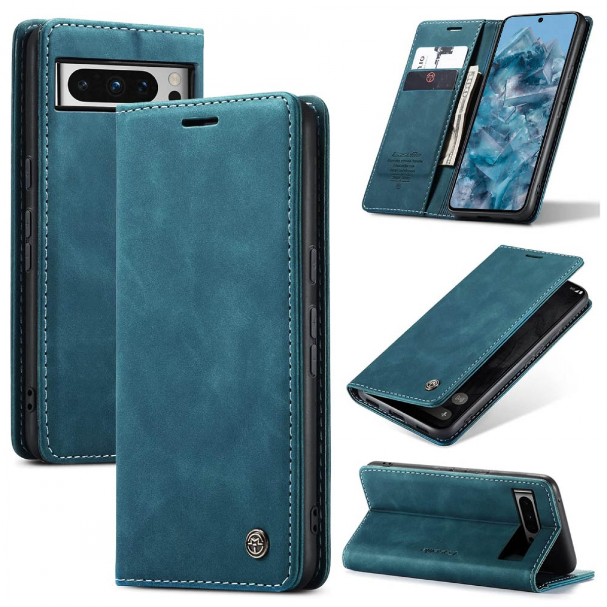 Blaue Handyhülle mit mehreren Ansichten, offen und geschlossen, mit Telefon und Karten.