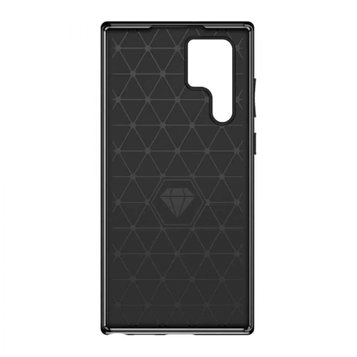 Schwarze Handyhülle mit dreieckigem Muster und Diamantenform. Die Hülle ist für ein Telefon.
