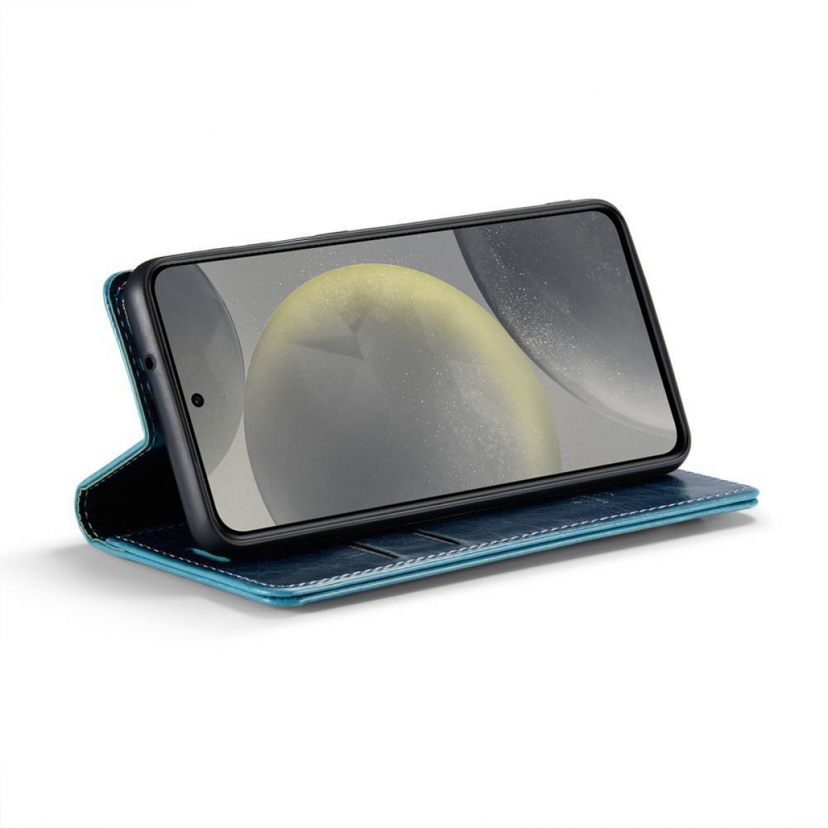 Smartphone in blauer Hülle, offen, um den Bildschirm anzuzeigen. Hintergrund abstrakt.