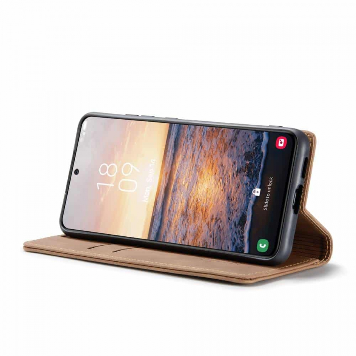 Ein Telefon in einer braunen Lederhülle, der Bildschirm zeigt einen Sonnenaufgang.