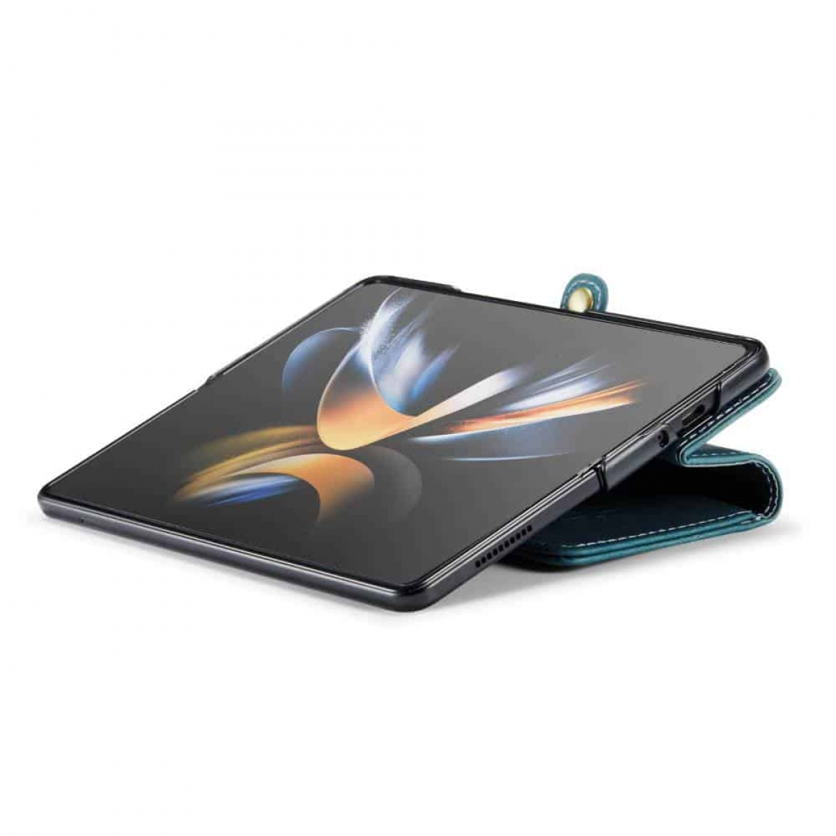 Ein gefaltetes schwarzes Tablet in einem teal-farbenen Gehäuse. Der Bildschirm zeigt ein farbenfrohes abstraktes Design.