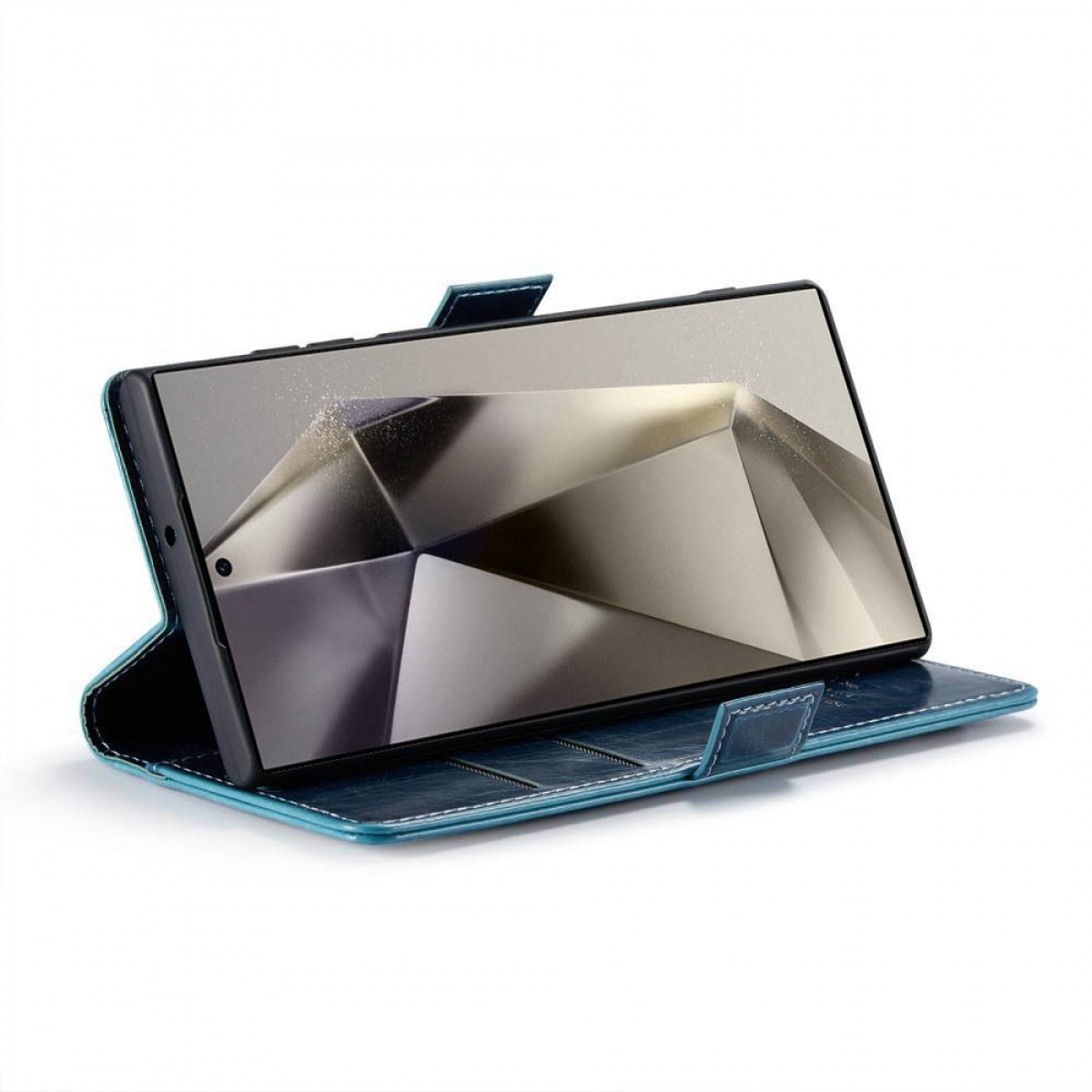 Smartphone in offener blauer Lederhülle. Geometrisches Design auf dem Bildschirm.