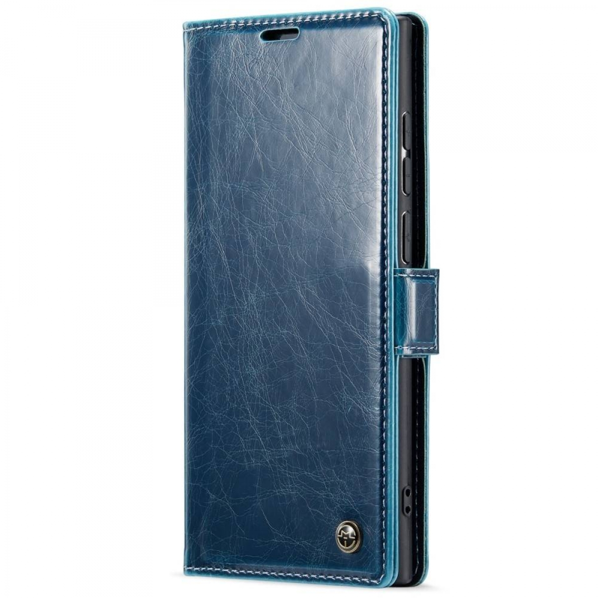 Eine blaue Leder-Handyhülle mit Magnetverschluss und einem Telefon darin.