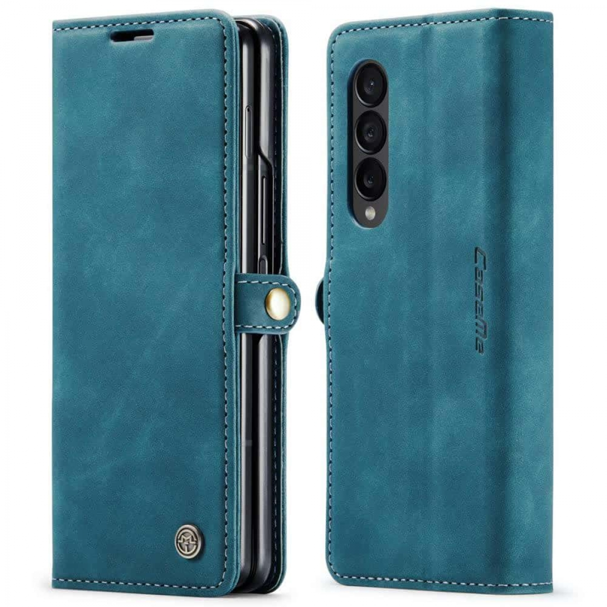 Blaue Leder-Handyhülle für ein faltbares Telefon. Das Telefon ist geöffnet, zeigt den Bildschirm.