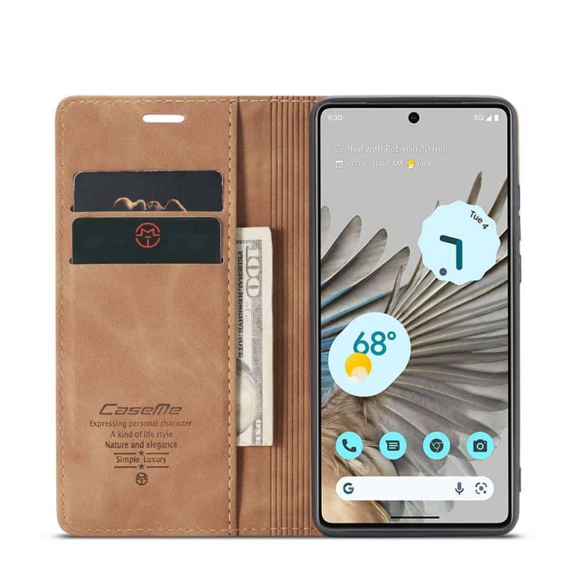 Geöffnete braune Handyhülle mit Telefon, Uhrzeit, Wetter und Karten. 100-Dollar-Schein sichtbar.