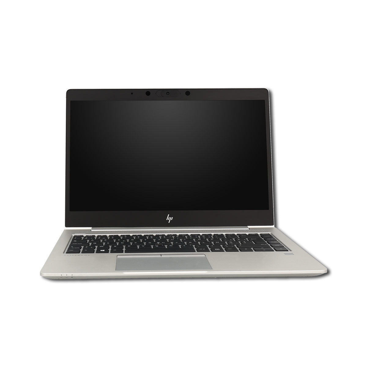 Silberner Laptop mit schwarzem Bildschirm. Der Bildschirm zeigt ein HP-Logo.