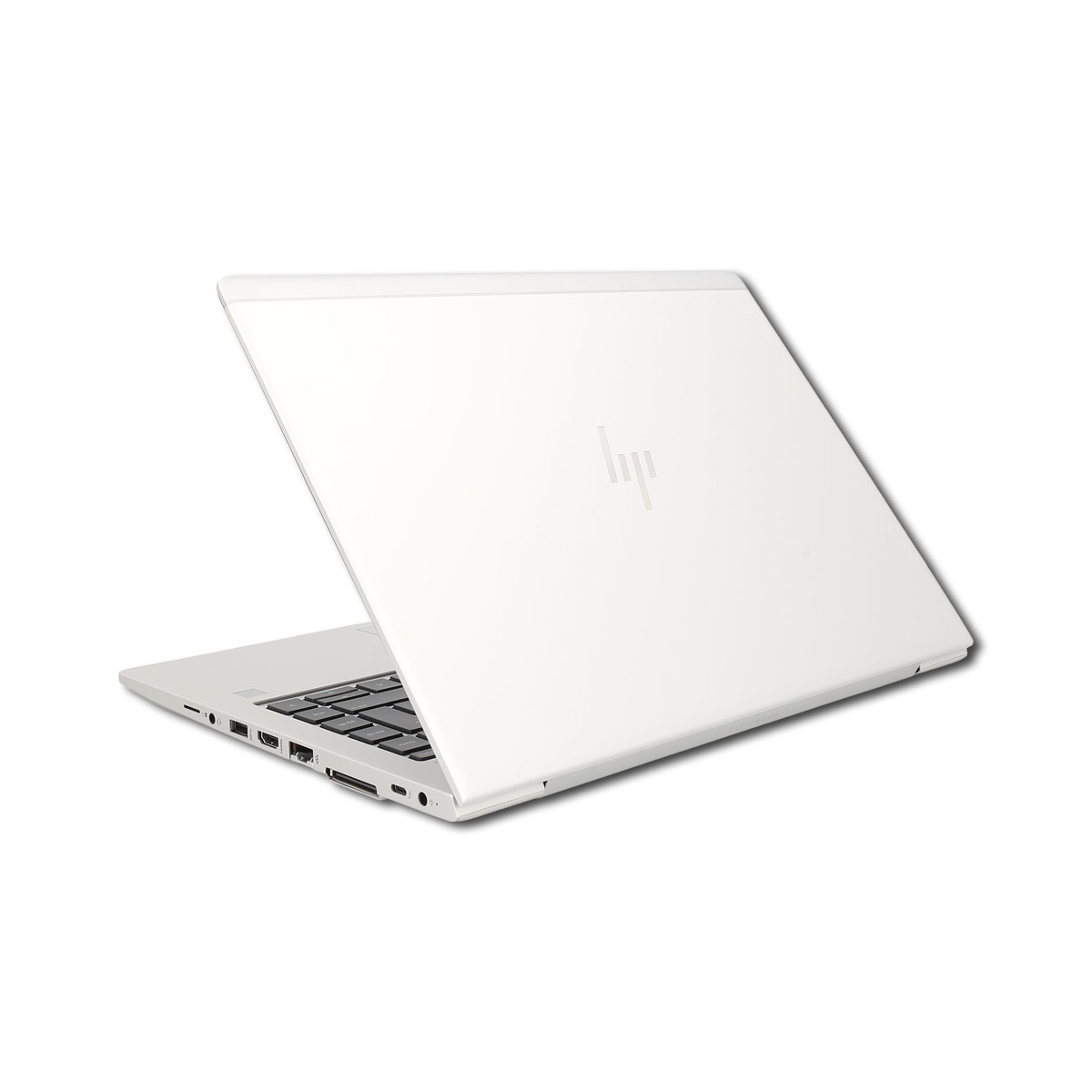 Weißer Laptop, offen, mit Tastatur und Rückseite des Bildschirms mit HP-Logo.