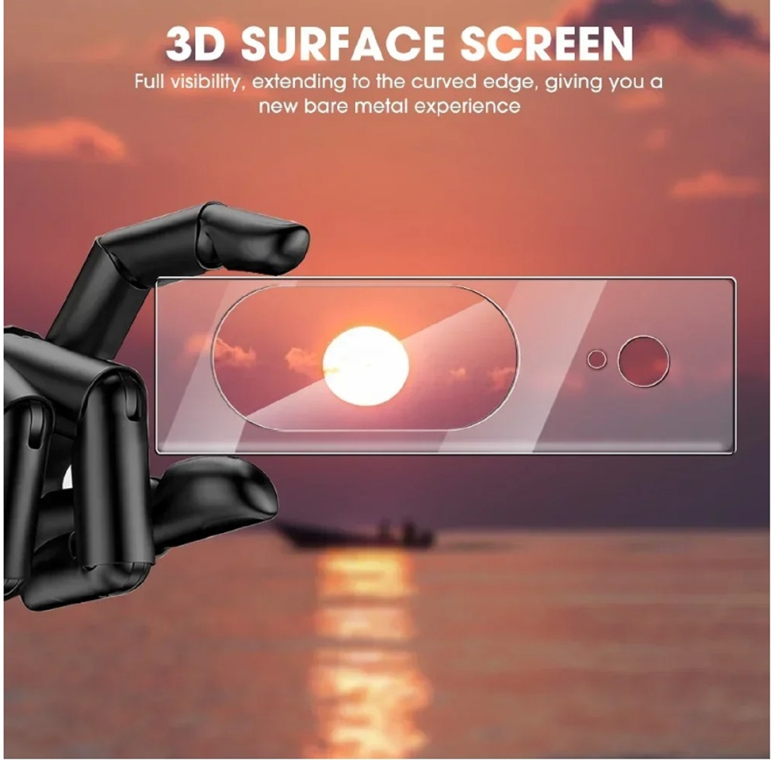 Hand hält Glasschutz über einem Sonnenuntergang.