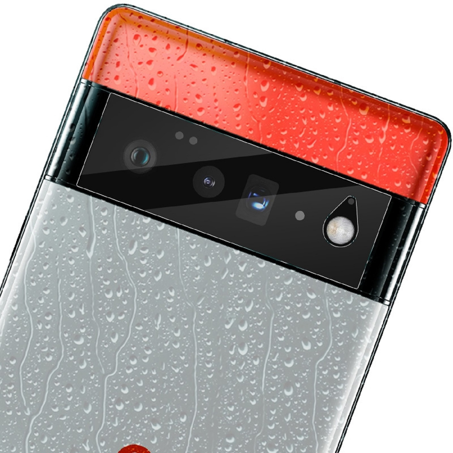 Eine Telefonrückseite mit Kameramodul und roter Oberseite. Es hat einen glänzend schwarzen Kamerabereich und einen Wassertropfeneffekt.