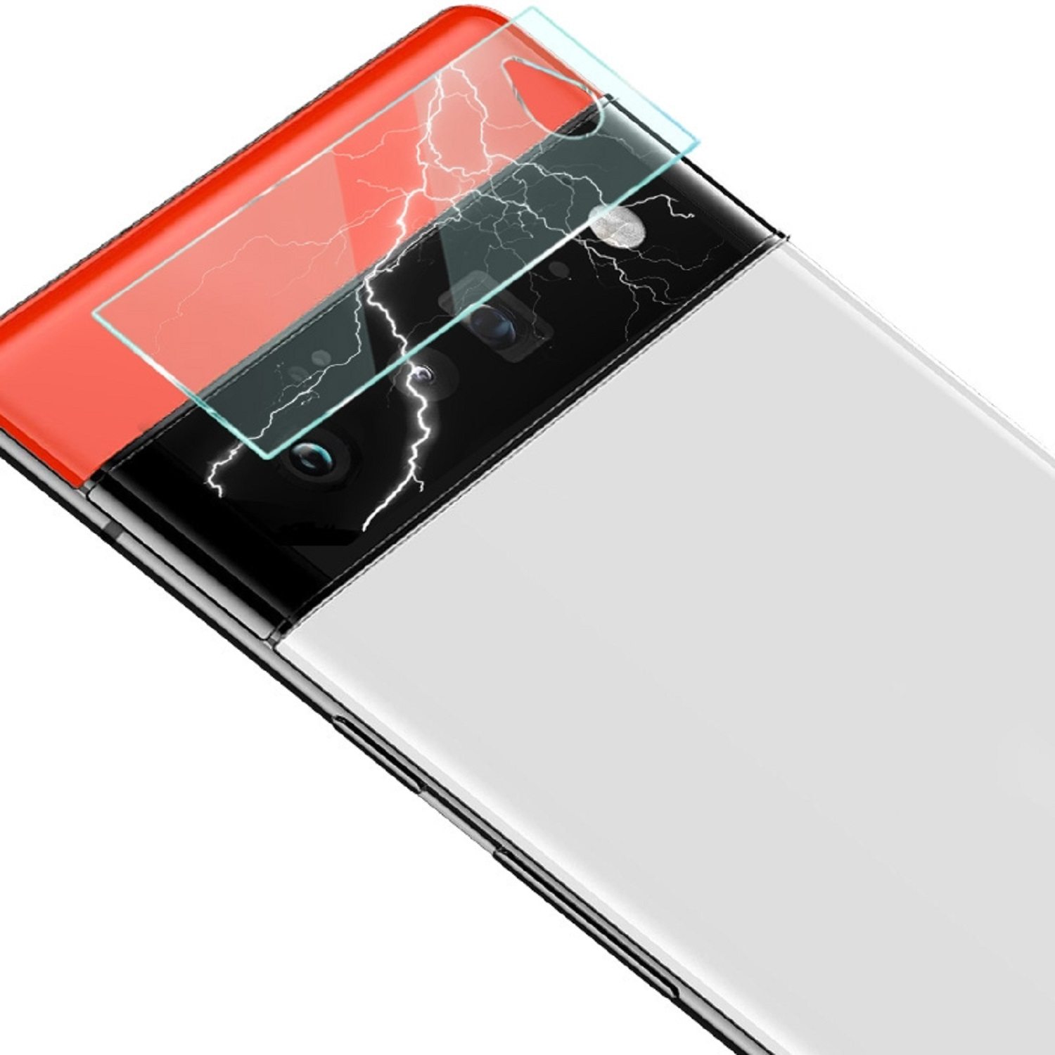 Telefonrückseite mit rotem Kamerabalken und aufgebrachter Glas-Displayschutzfolie mit Blitzgrafik.