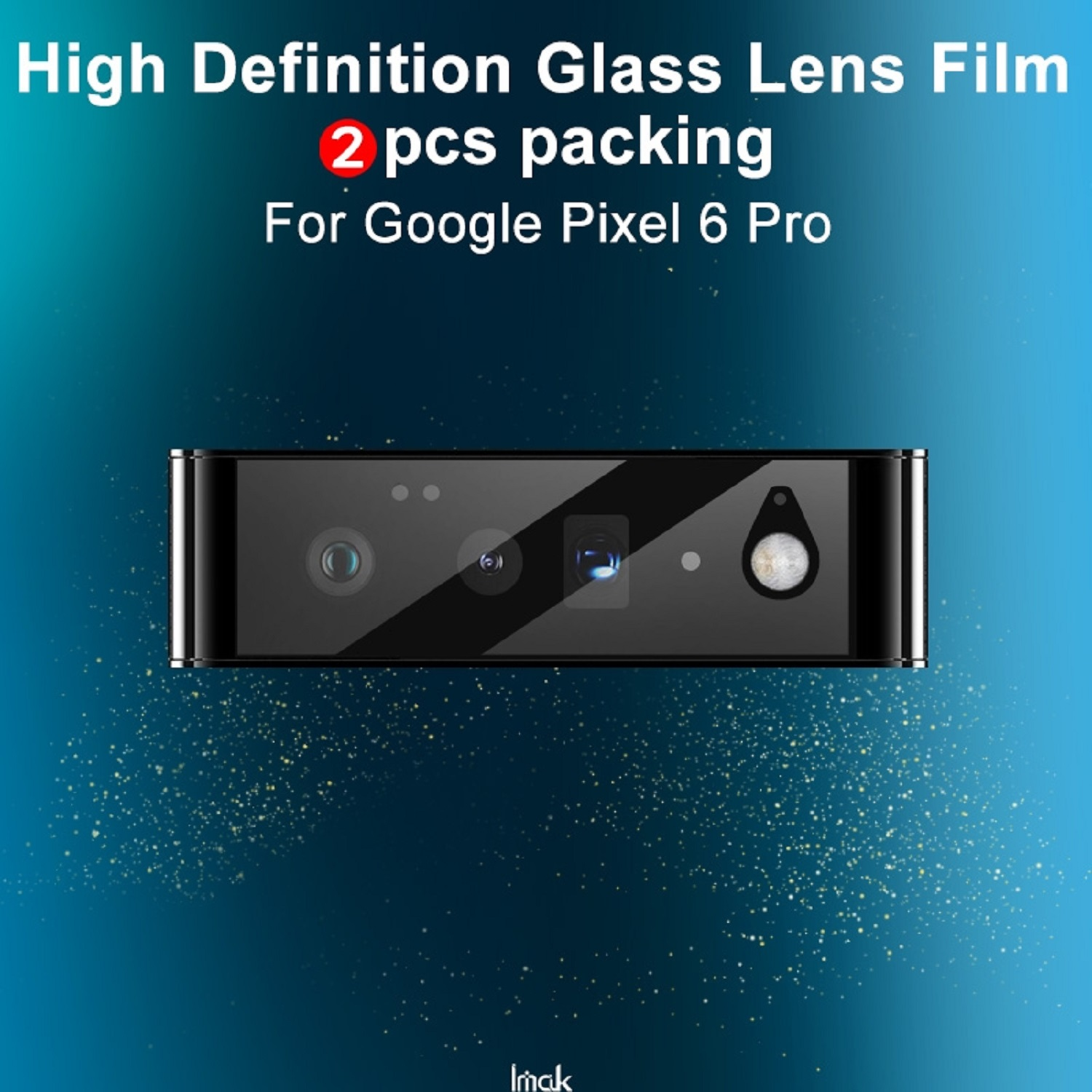 Ein schwarzes Objektivfolienpaket für Google Pixel 6 Pro. Das Paket befindet sich auf einem dunkelblauen Hintergrund.