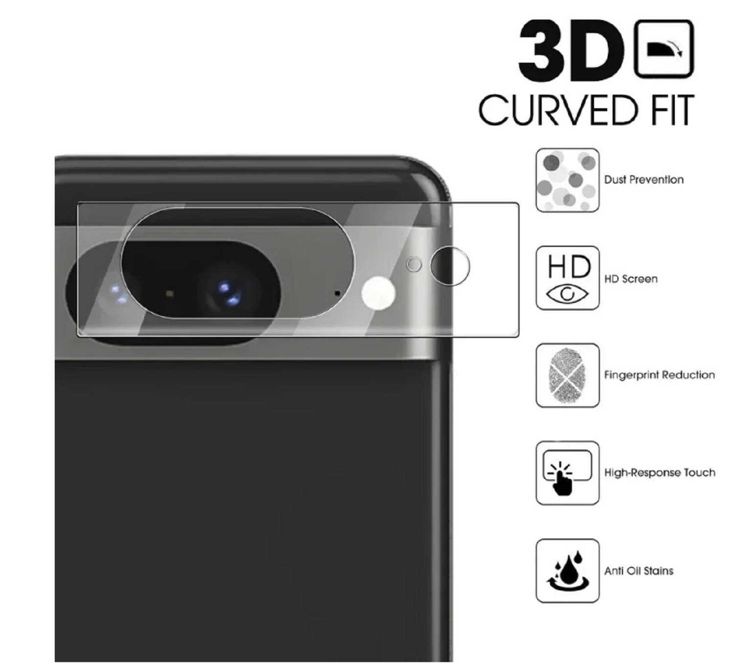Displayschutzfolie auf einem Telefon angebracht. Text-Overlays beschreiben Funktionen wie HD-Bildschirm.