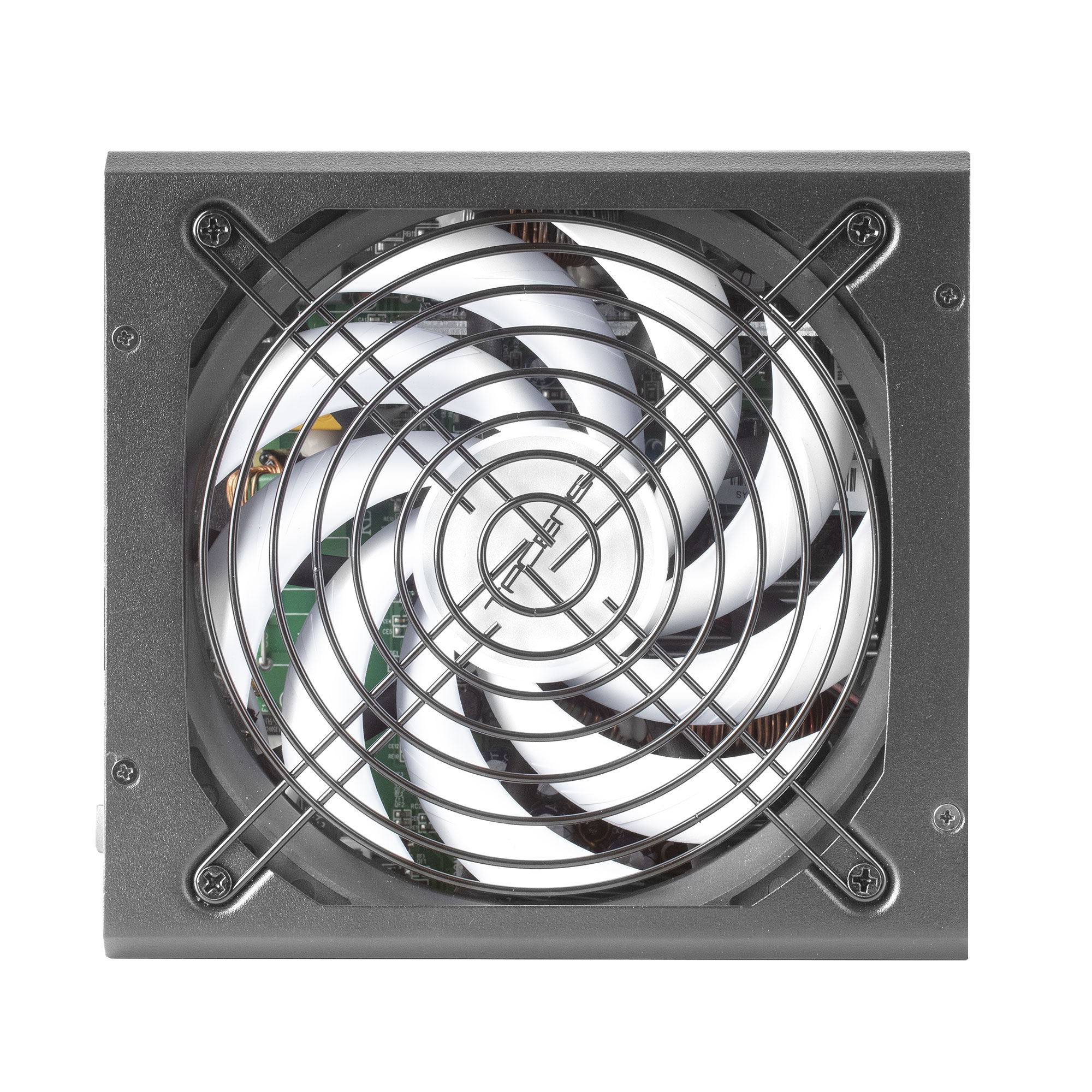 Primer plano de un ventilador de fuente de alimentación de computadora. El ventilador está dentro de un marco de metal.