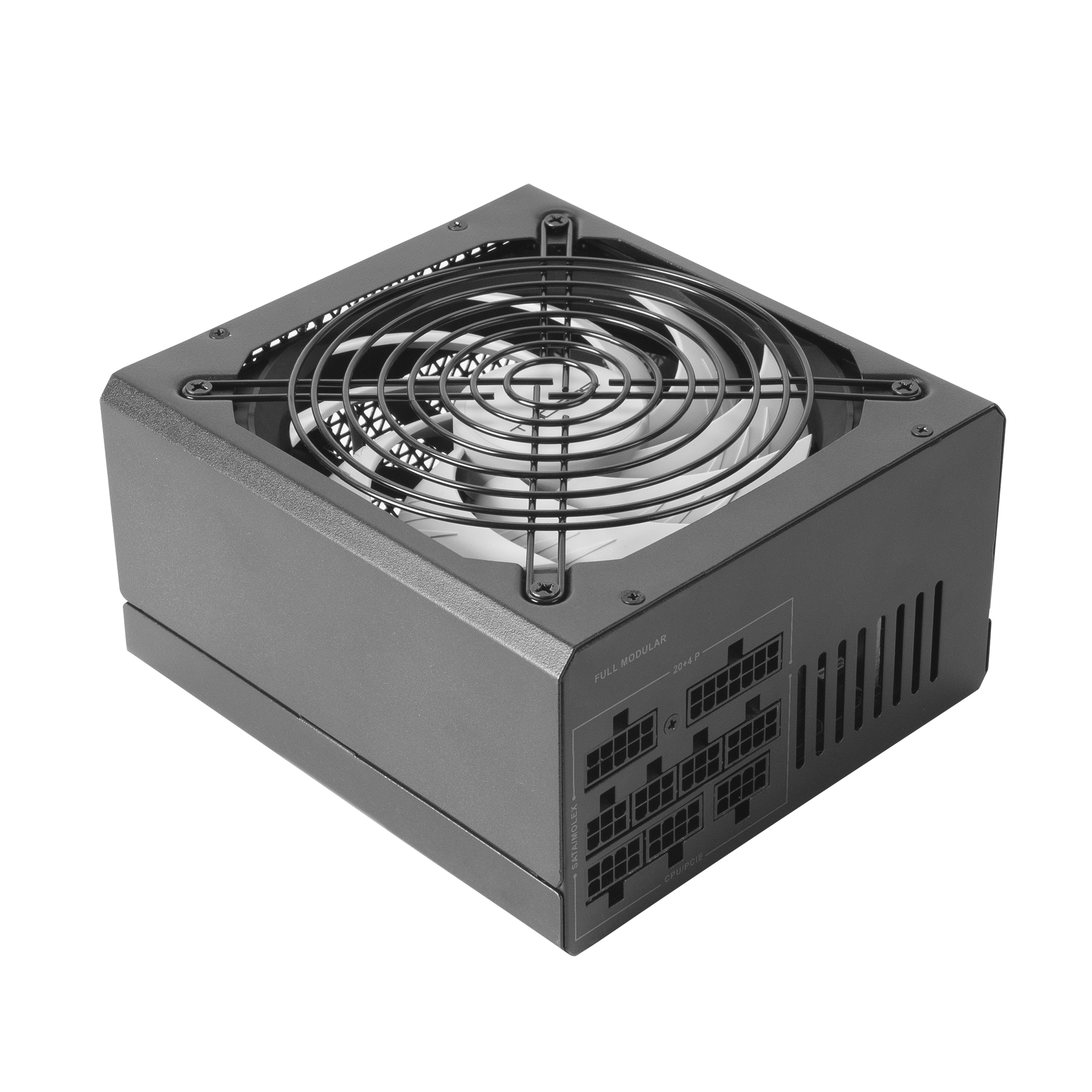 Fuente de alimentación de computadora gris oscuro. Forma cuadrada con ventilador y puertos de cableado. Rejilla metálica negra arriba.