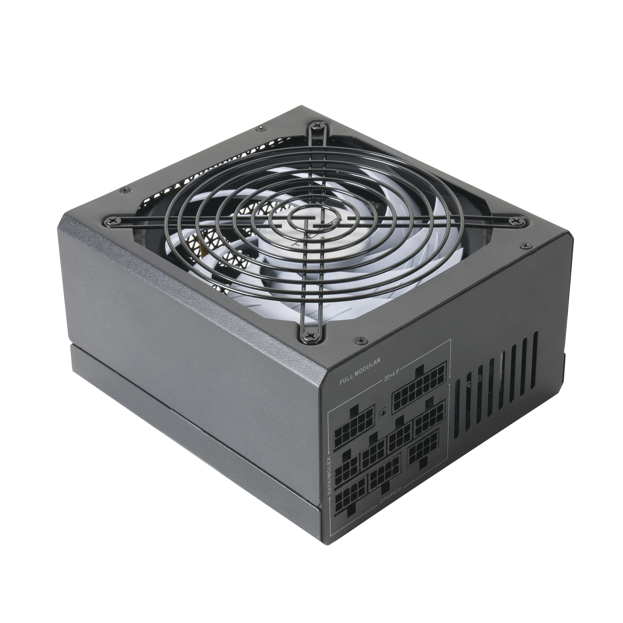 Un alimentatore per computer grigio, con una ventola e slot vari.