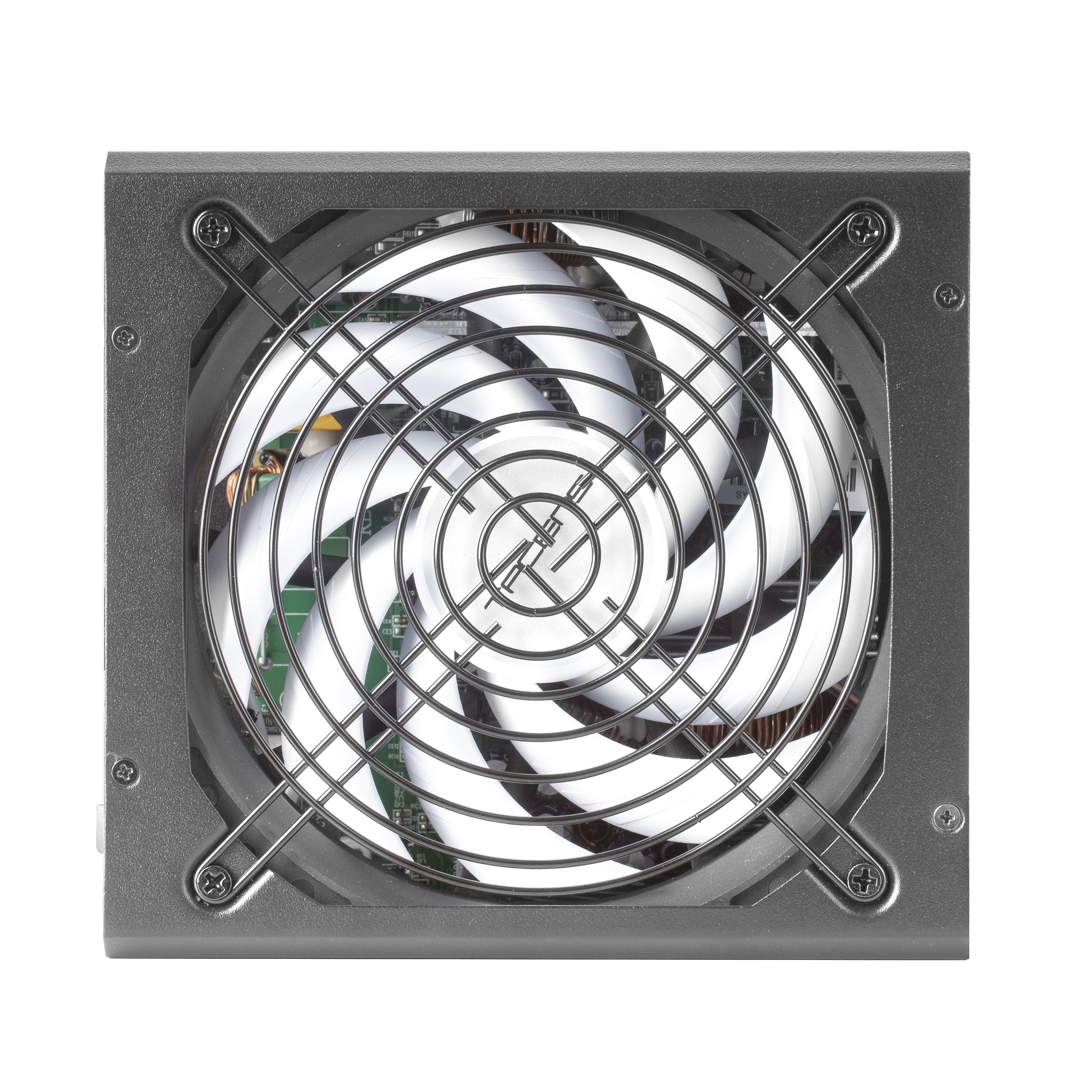Fuente de alimentación de ordenador con ventilador y rejilla metálica. El ventilador es blanco y la unidad plateada.