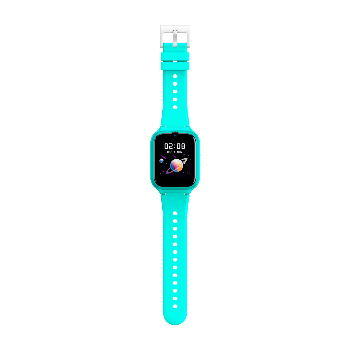 Türkis Smartwatch mit Zeit und Planeten-Grafik auf weißem Hintergrund.