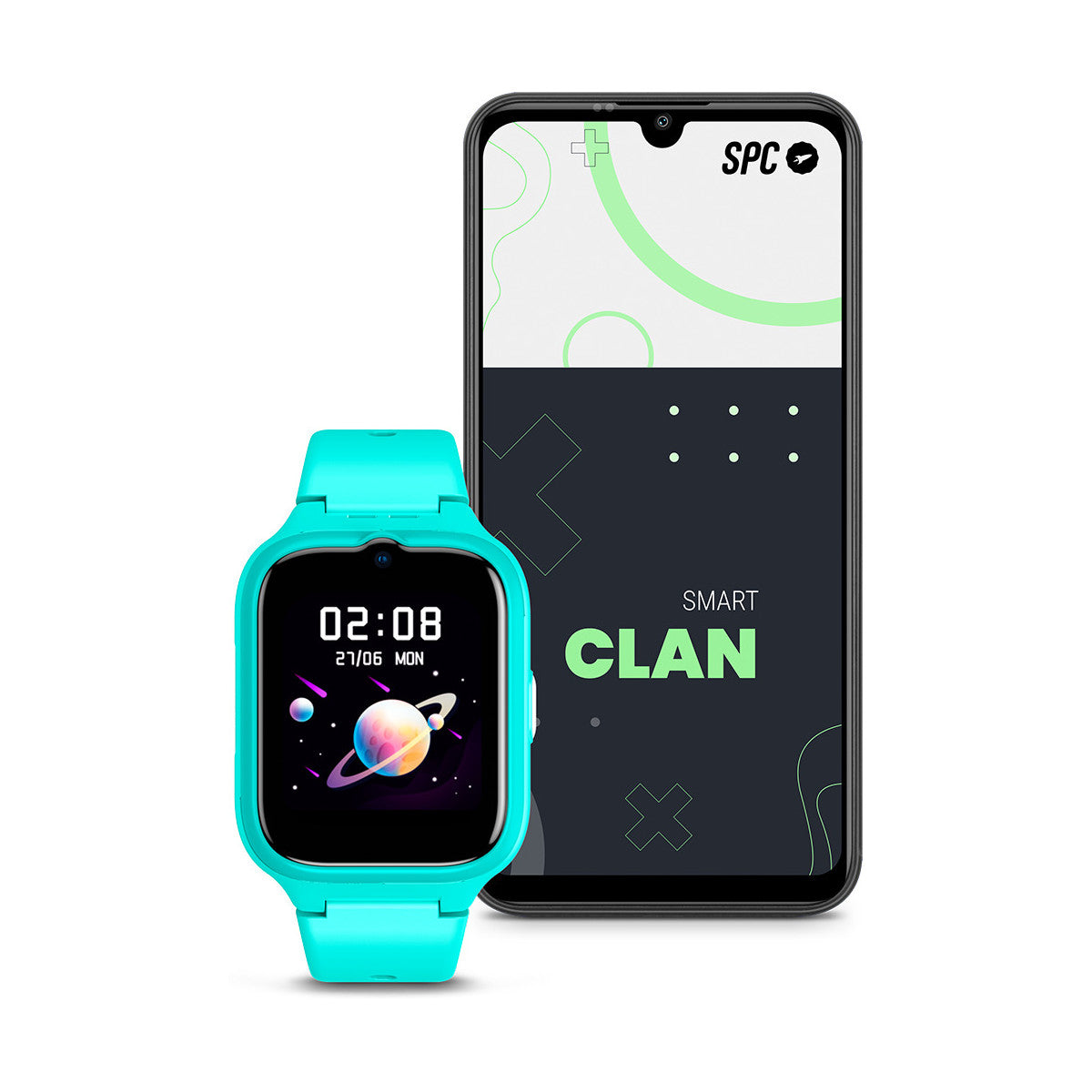 Eine türkisfarbene Smartwatch und ein Smartphone. Das Smartphone zeigt die Uhrenoberfläche auf seinem Bildschirm.