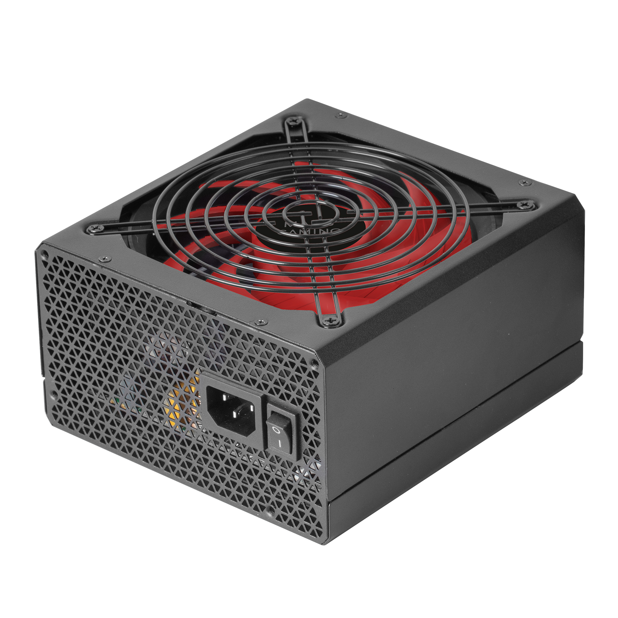 Fuente de alimentación de computadora negra con ventilador rojo. Lado de malla. Vista en ángulo.