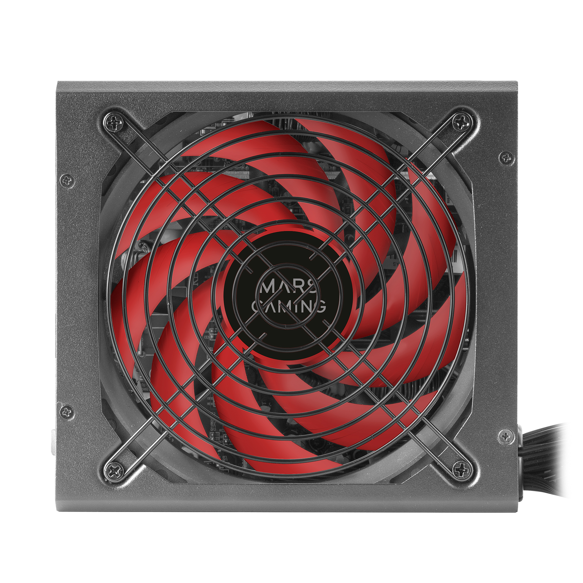 Ventilador de fuente de alimentación de computadora negra con aspas rojas. Vista de cerca, rejilla metálica.