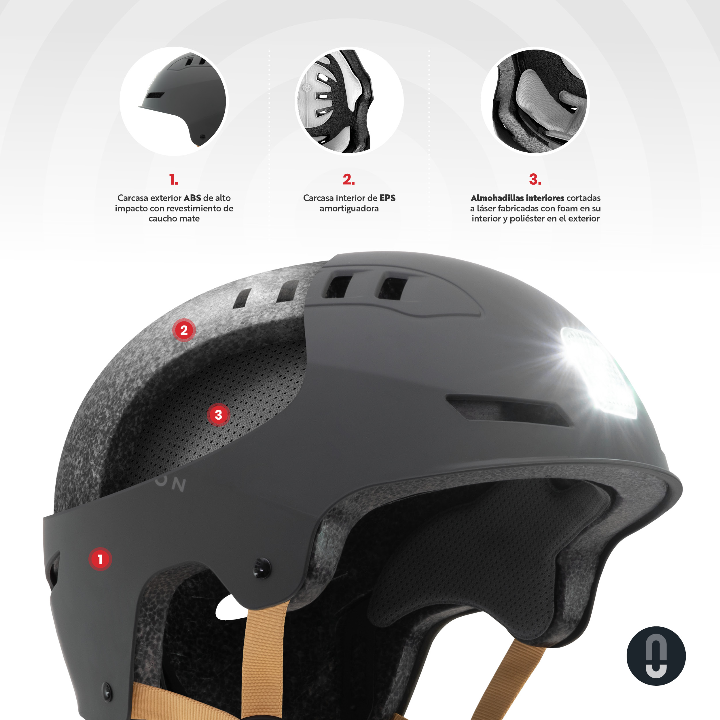Casco de bicicleta negro con detalles de construcción. Luz blanca arriba.