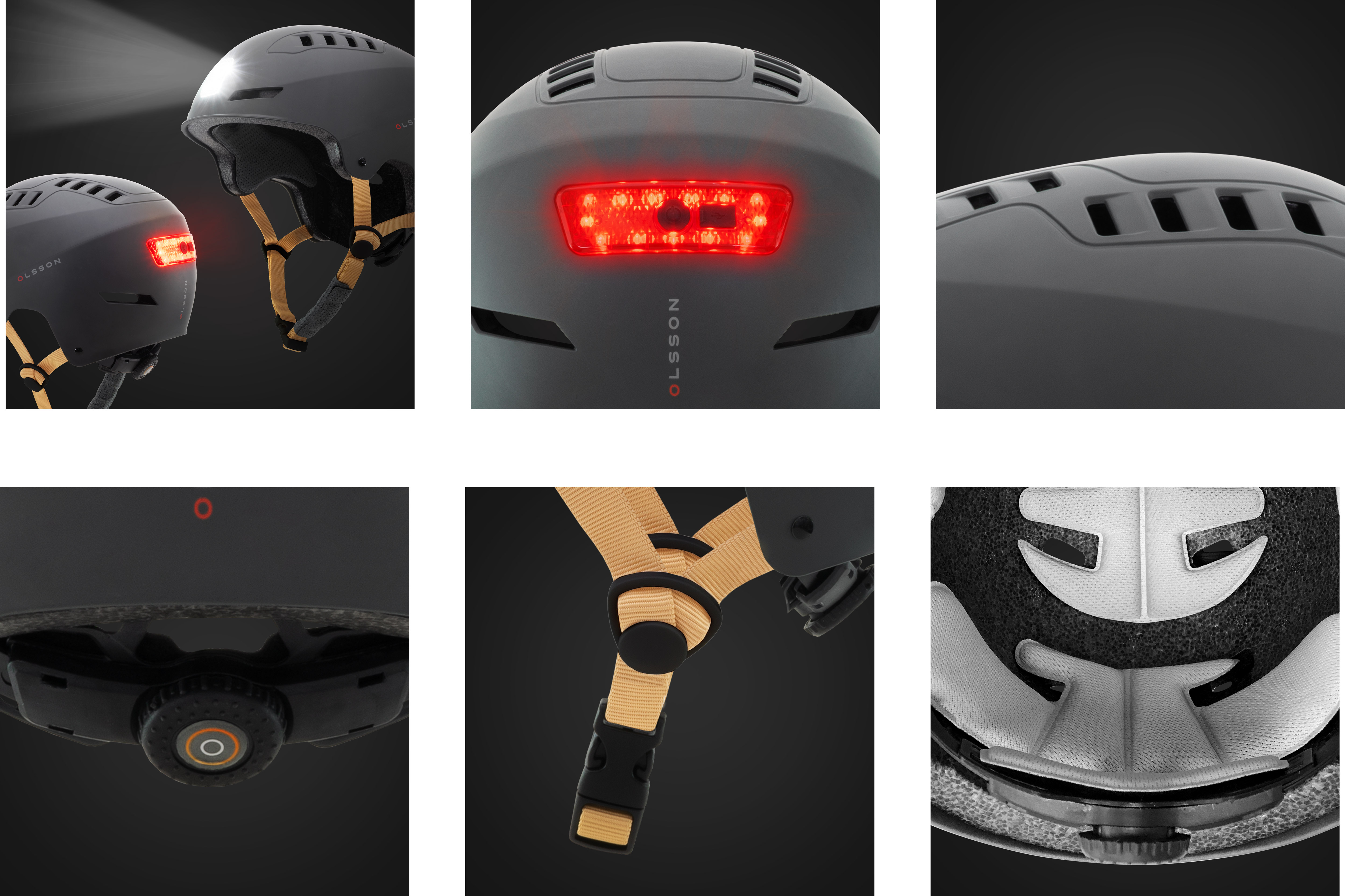 Un casco de bicicleta negro con luces. Primeros planos muestran detalles del casco.