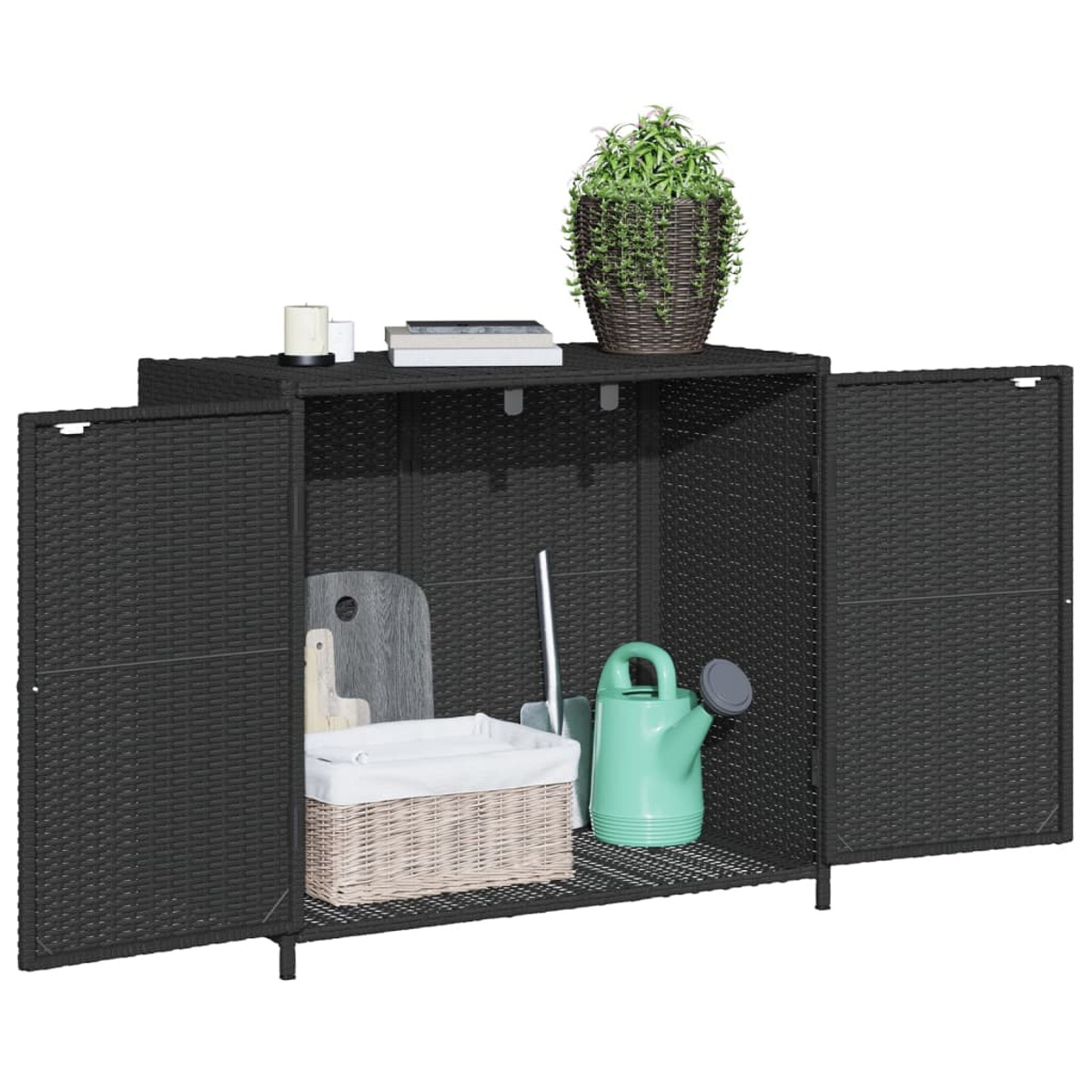 Schwarzer Rattan-Aufbewahrungsschrank mit offenen Türen, mit Korb und Gießkanne.