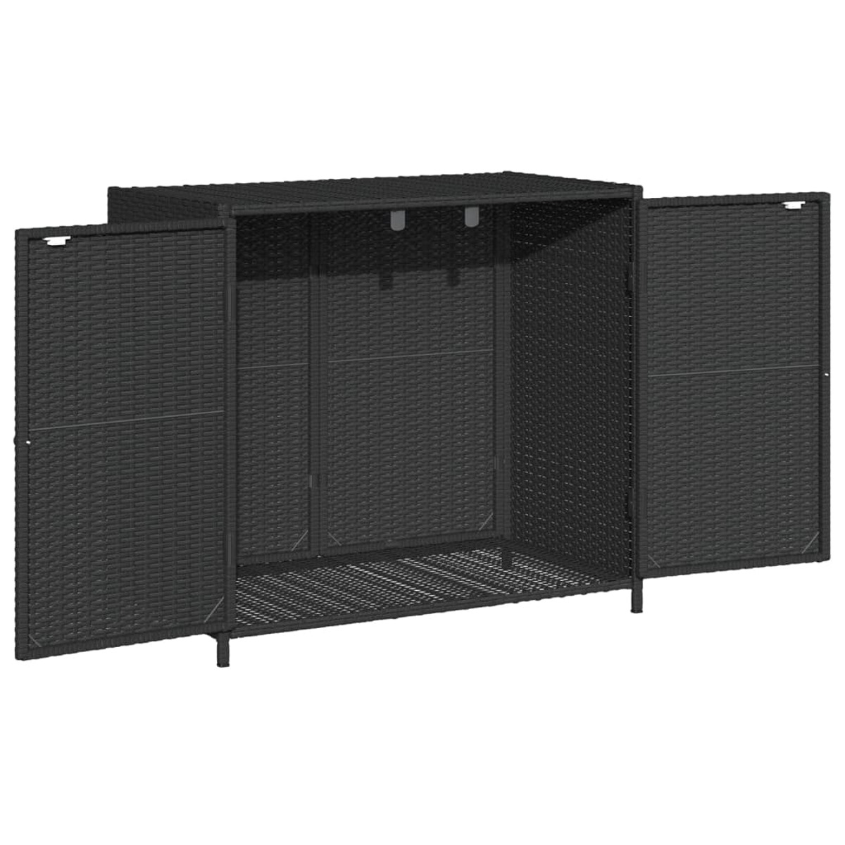 Schwarzer Outdoor-Stauraumschrank mit zwei offenen Türen, Weendesign.