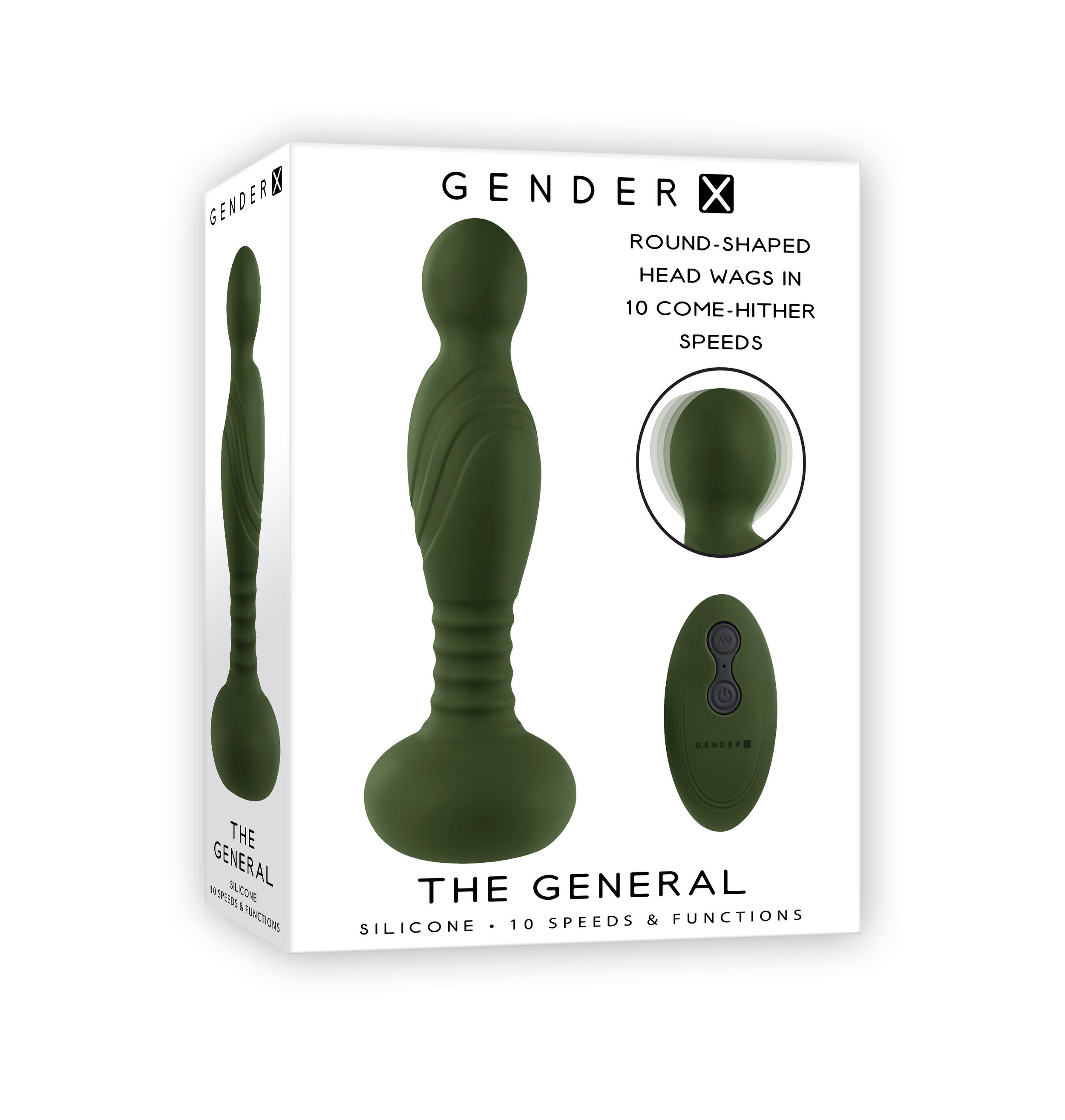 Box mit grünem Sexspielzeug, Fernbedienung und Abbildung des Spielzeugs. Text: 'THE GENERAL', 'GENDER X'.