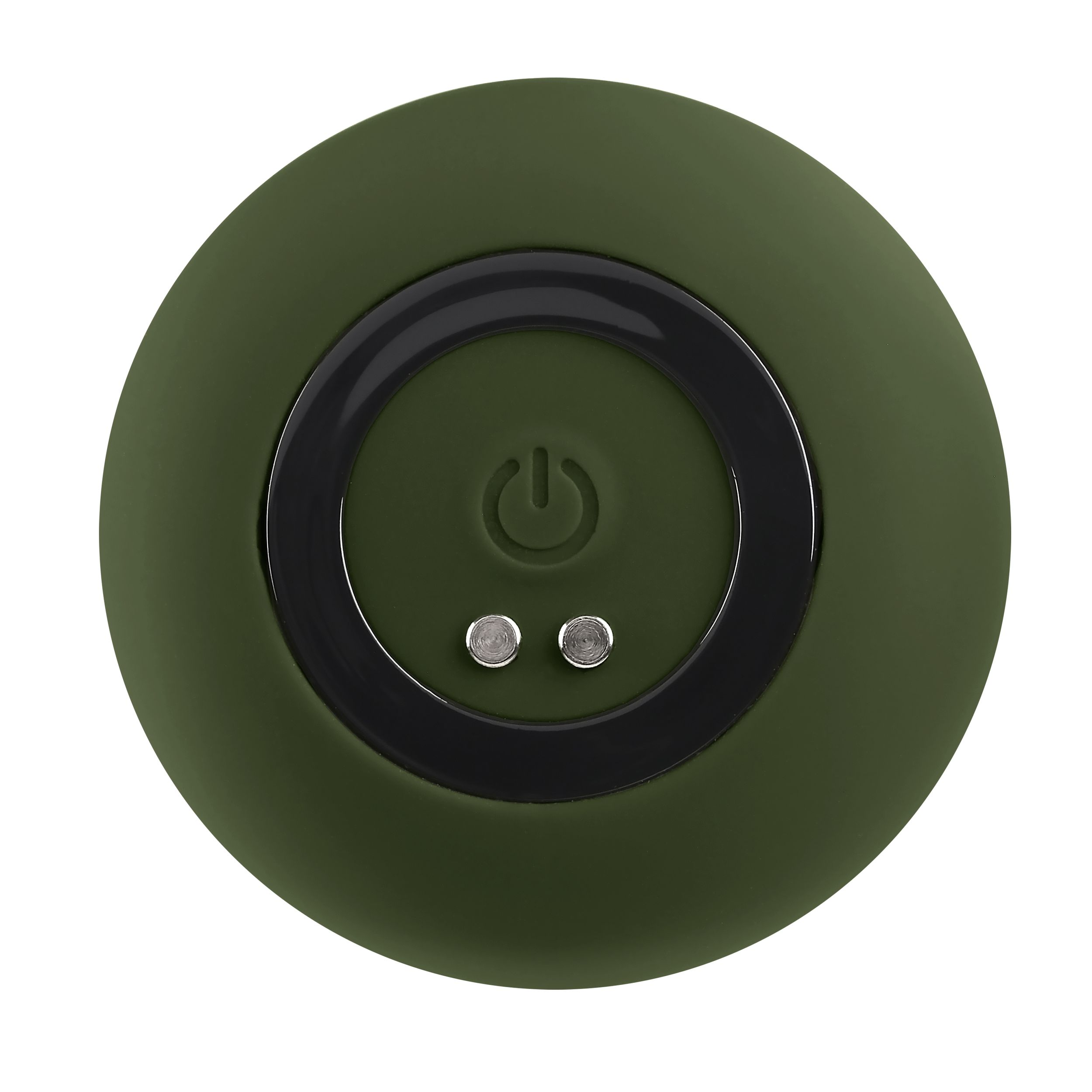 Ein grüner Knopf mit zwei kleineren Knöpfen und einem Stromsymbol.