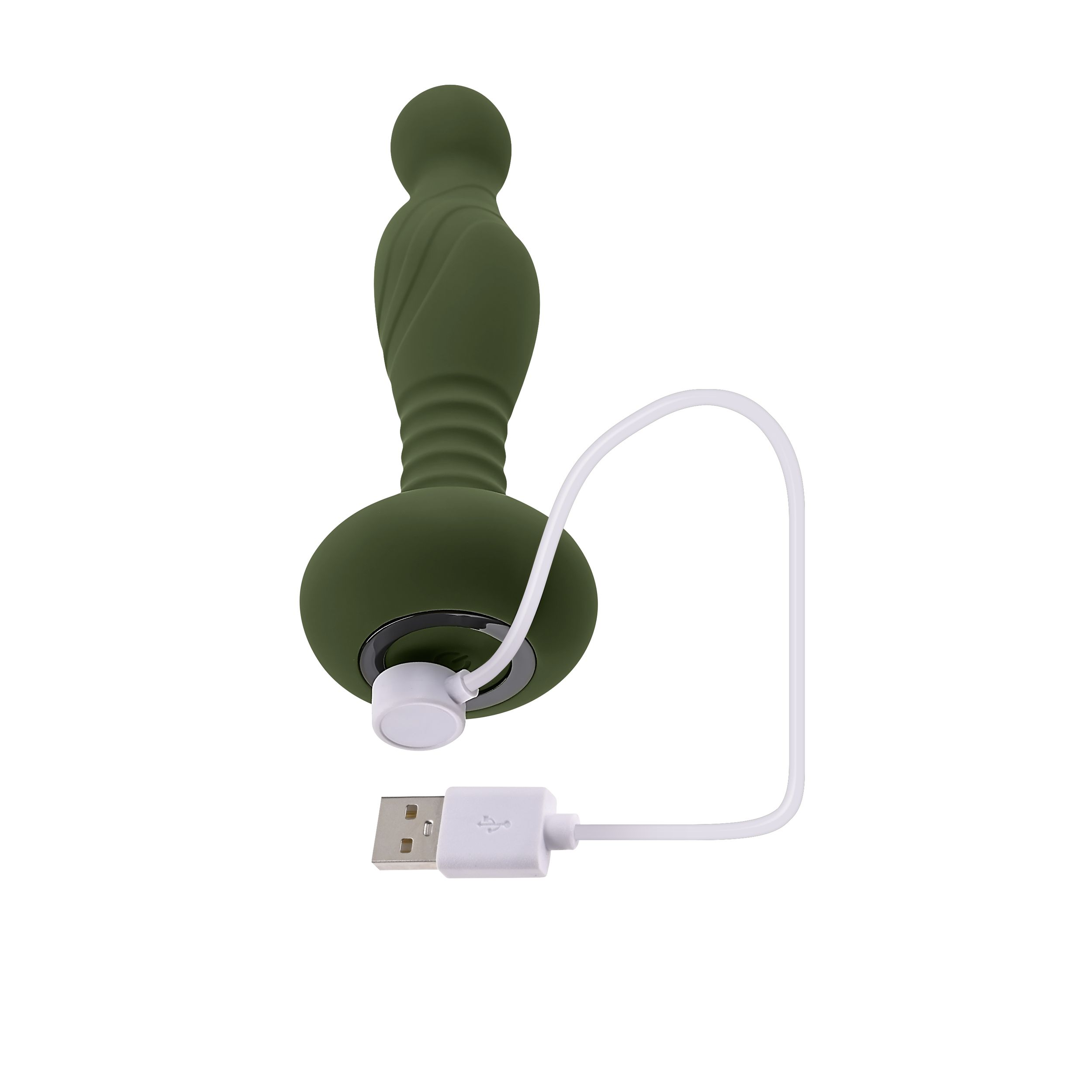 Ein olivgrünes Sexspielzeug mit weißem Ladekabel und USB-Anschluss.