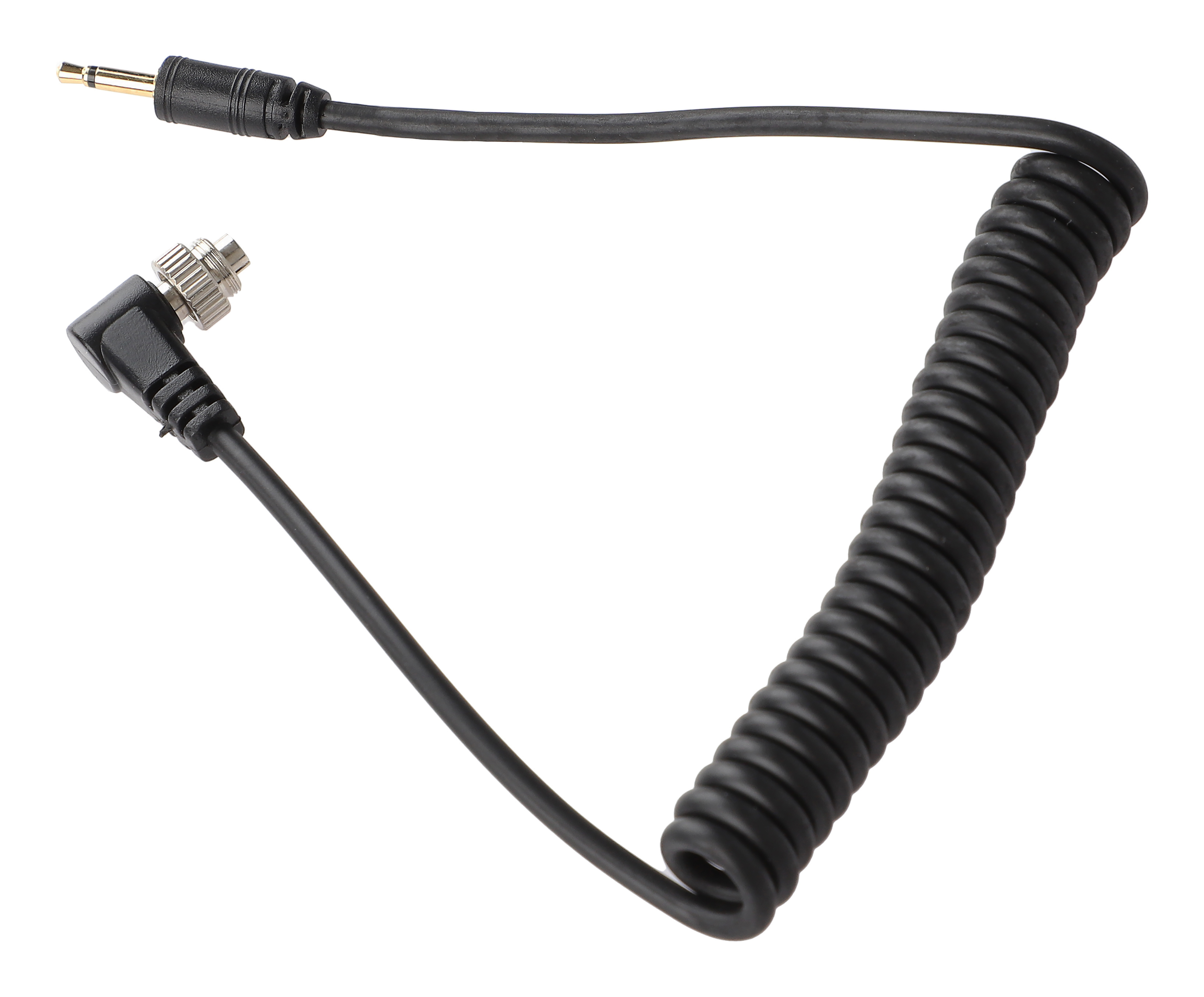 Ein schwarzes Spiralkabel mit Steckern. Ein Ende ist ein Winkelstecker und das andere ein Goldstecker.
