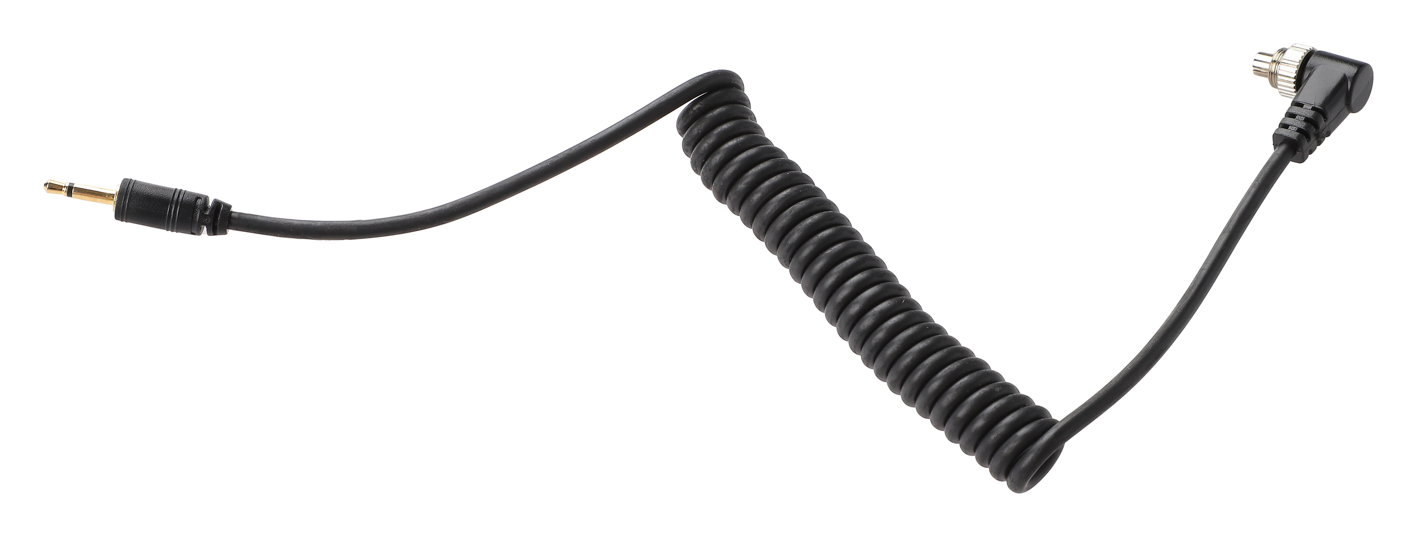 Schwarzes, gewendeltes Audiokabel mit geradem und abgewinkeltem Stecker.
