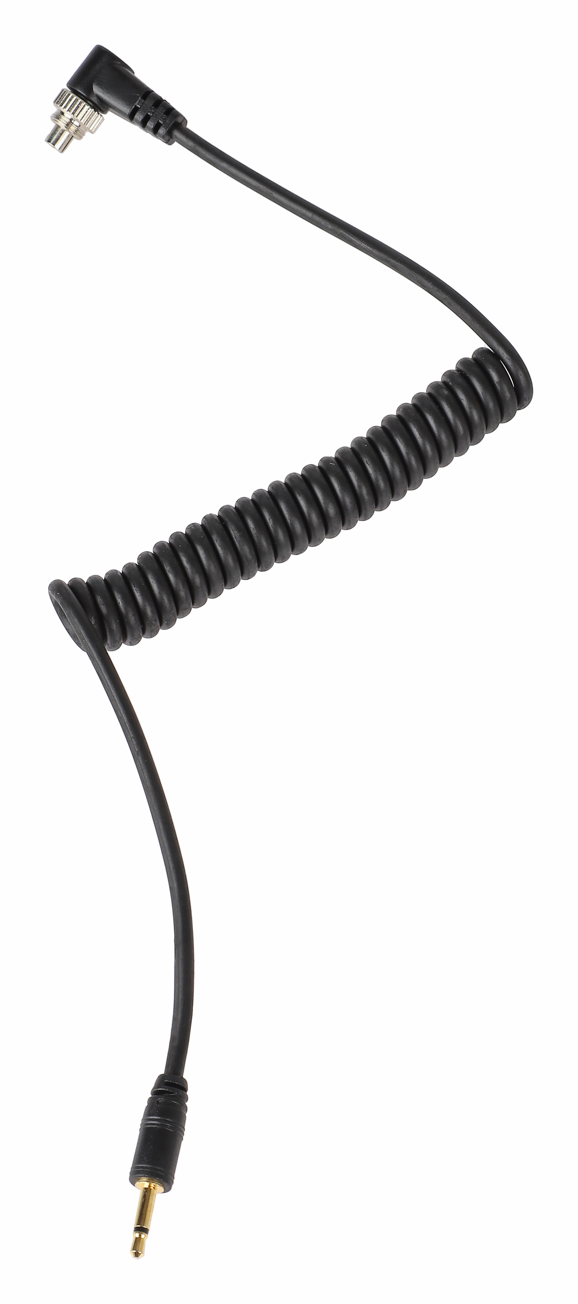 Schwarzes Spiralkabel mit gewinkelten und geraden Steckern.