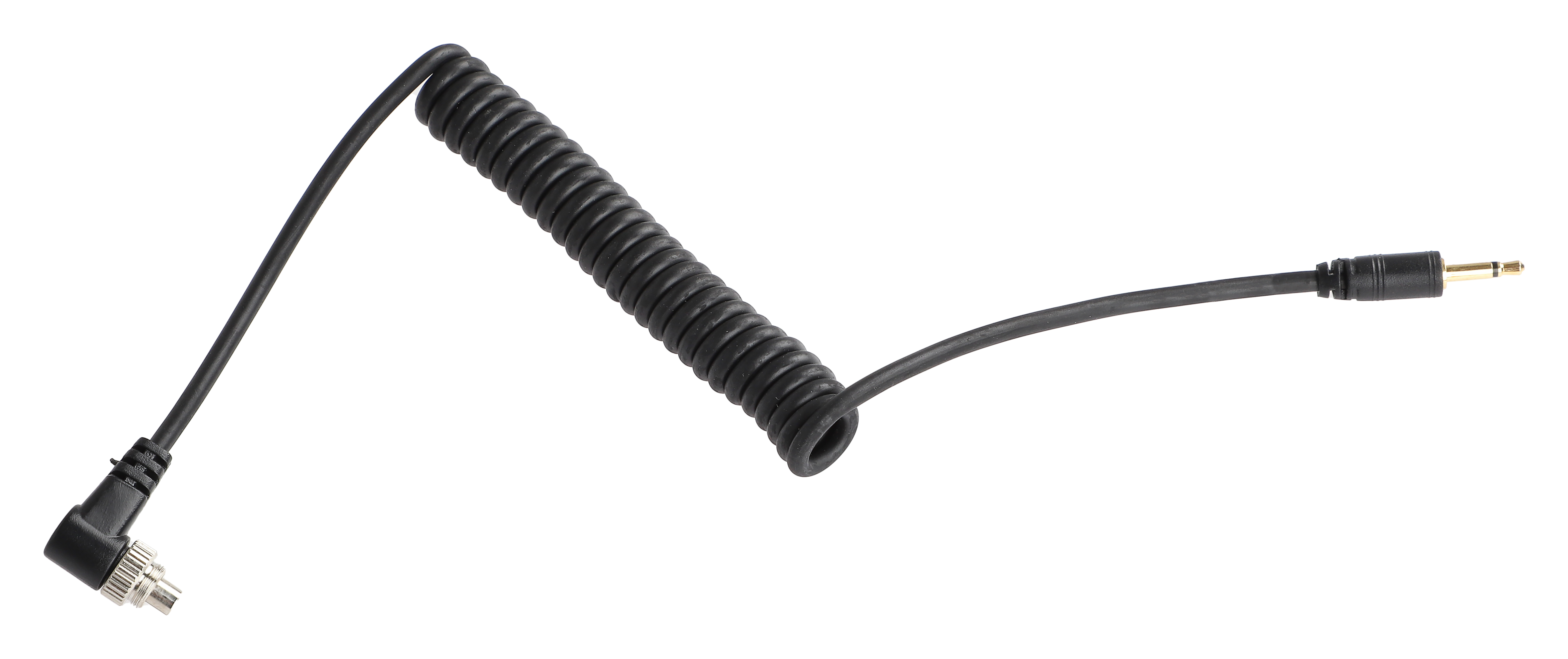Ein schwarzes Spiralkabel mit Anschlüssen. Ein Ende hat einen Stecker, das andere einen Winkelstecker.