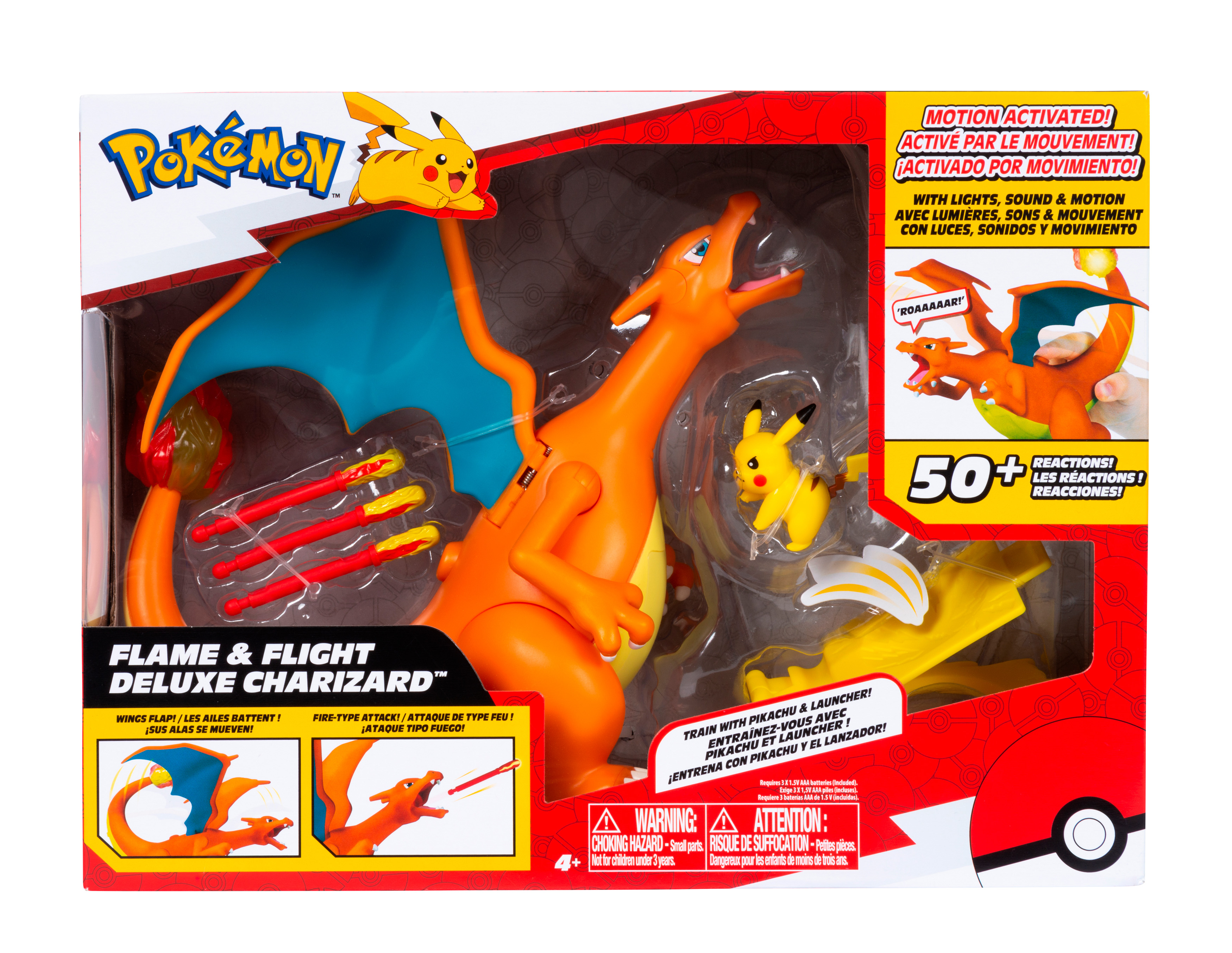 Pokemon Flame & Flight Deluxe Charizard Spielzeugverpackung, orange und gelb.