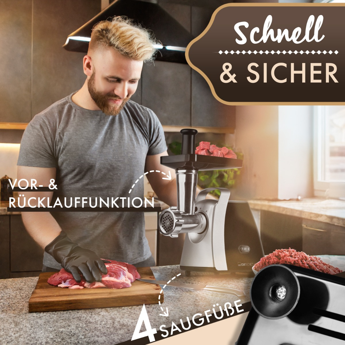 Mężczyzna używający maszynki do mięsa. Mięso na desce i w maszynce. Czarne rękawice, tło kuchni.