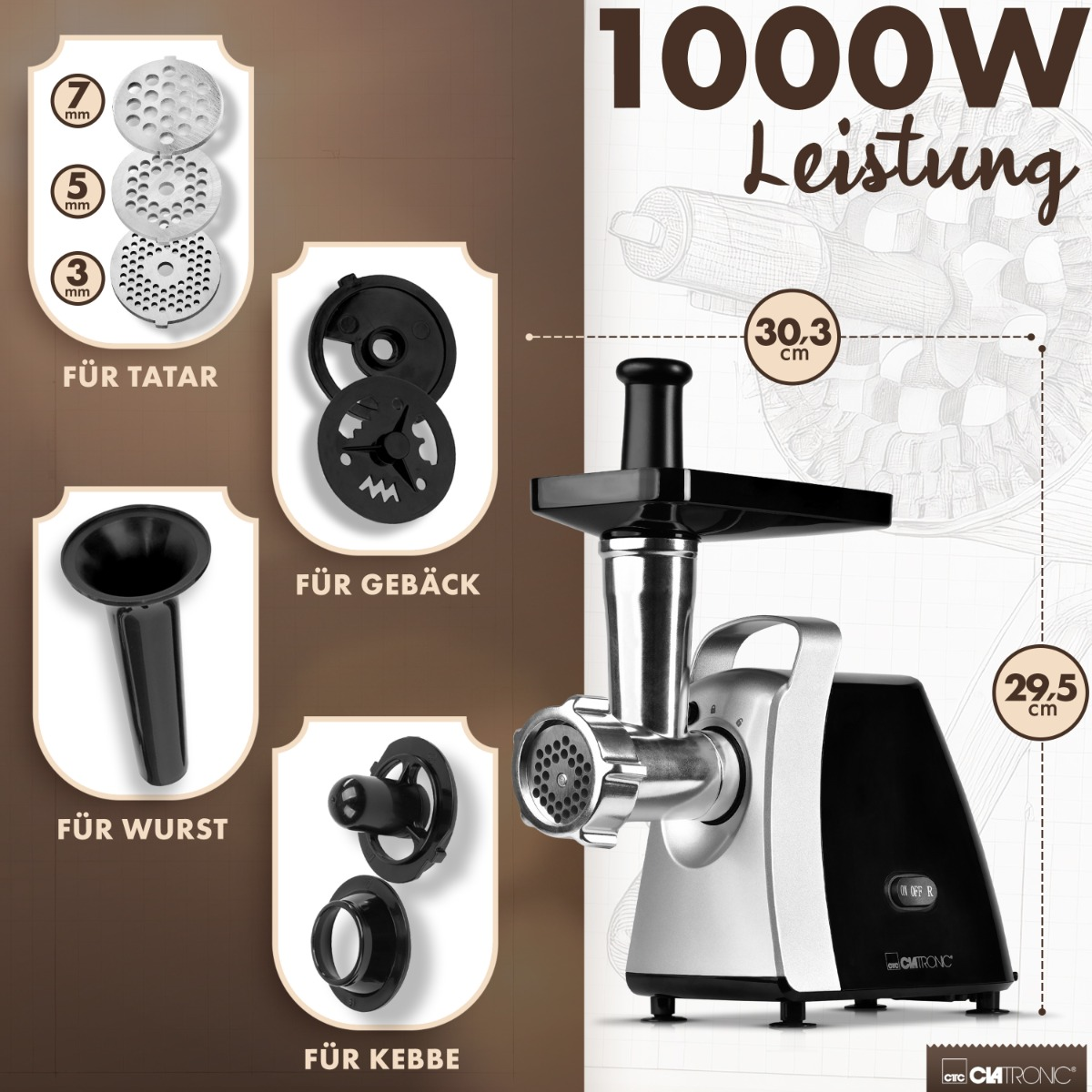 Srebrno-czarna maszynka do mięsa. Zawiera nasadki do różnych zastosowań i tekst "1000W Leistung".