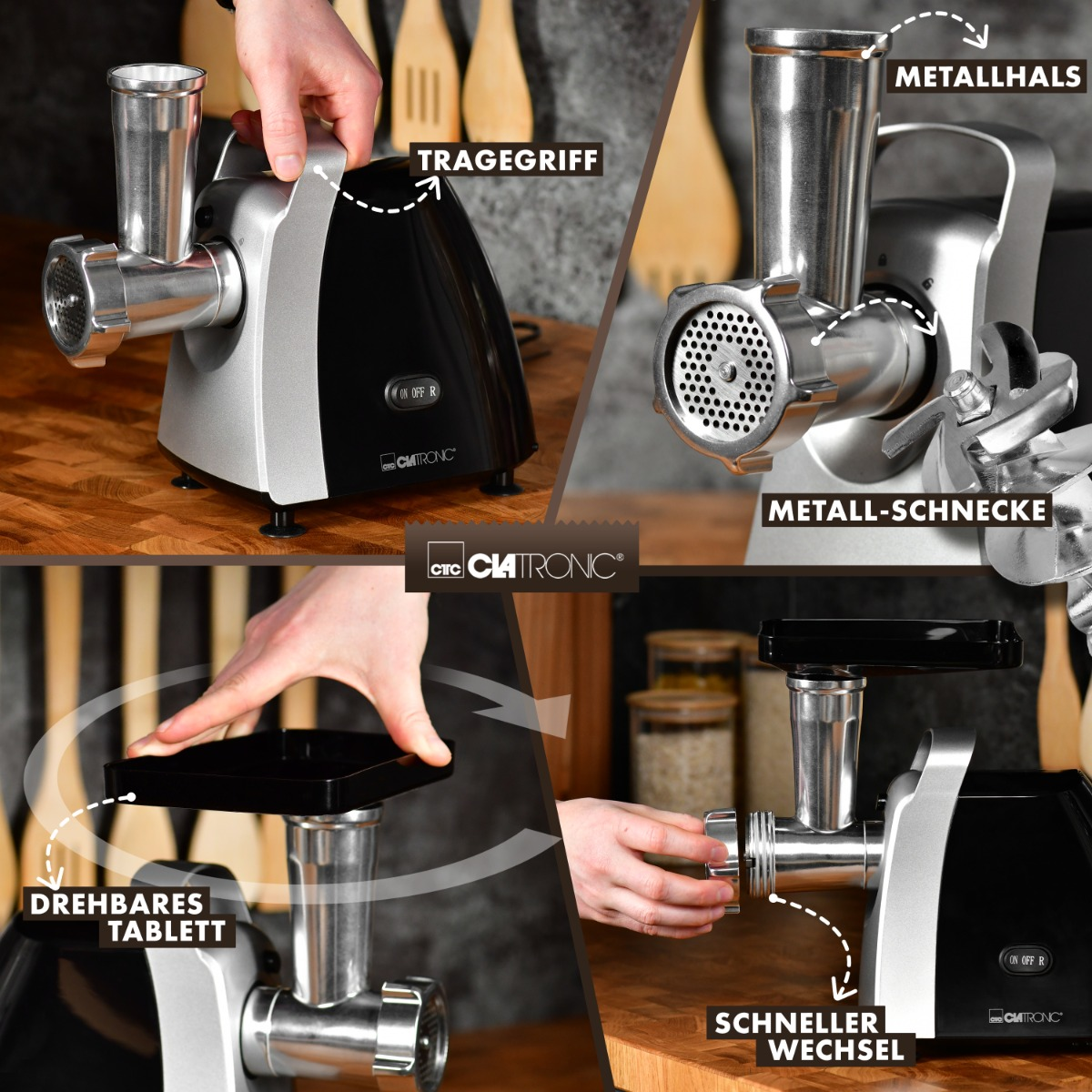 Czarno-srebrna maszynka do mięsa z oznaczonymi częściami. Widoczne dłonie osoby wchodzącej z nią w interakcję.