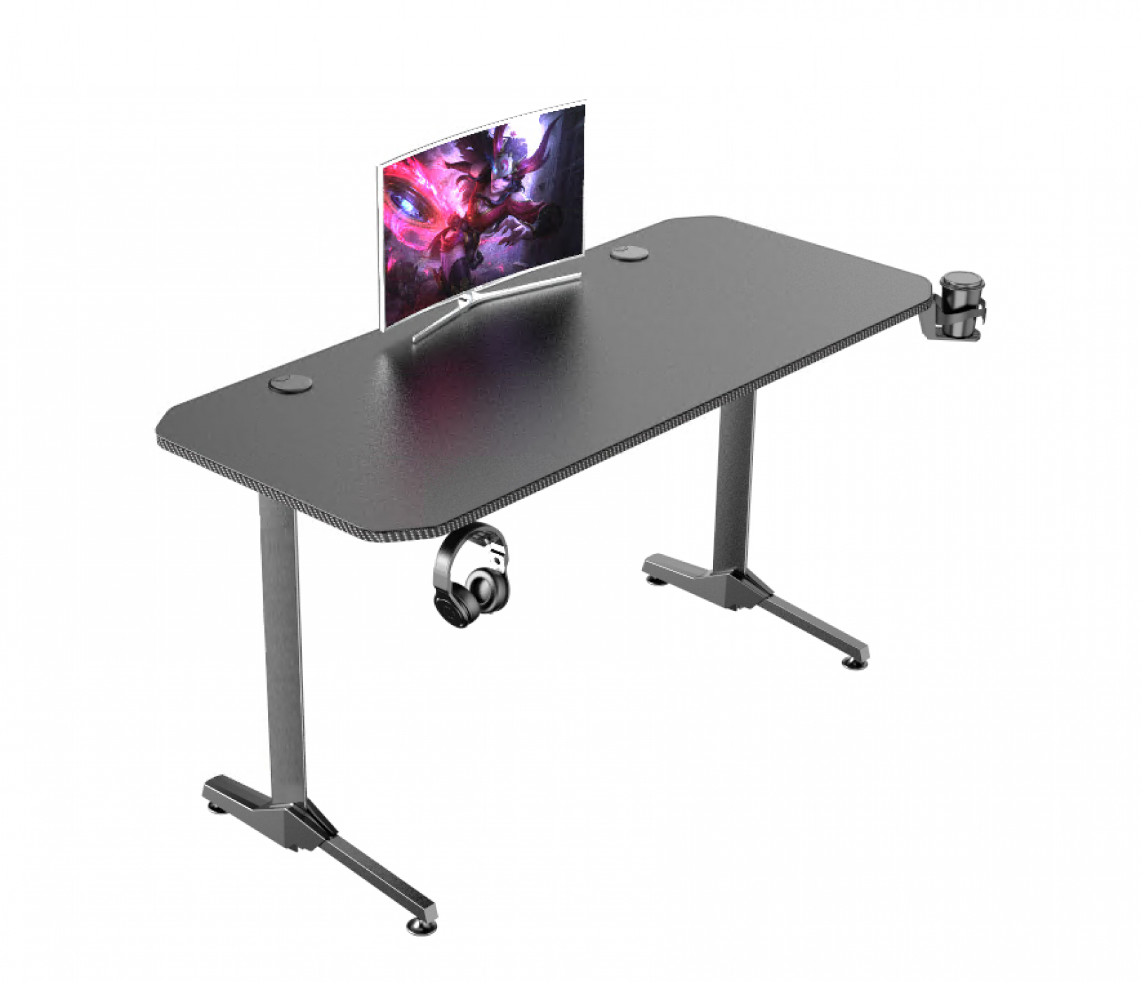 Ein Gaming-Schreibtisch mit einem Monitor, der Kunstwerke, Kopfhörer und Zubehör zeigt.