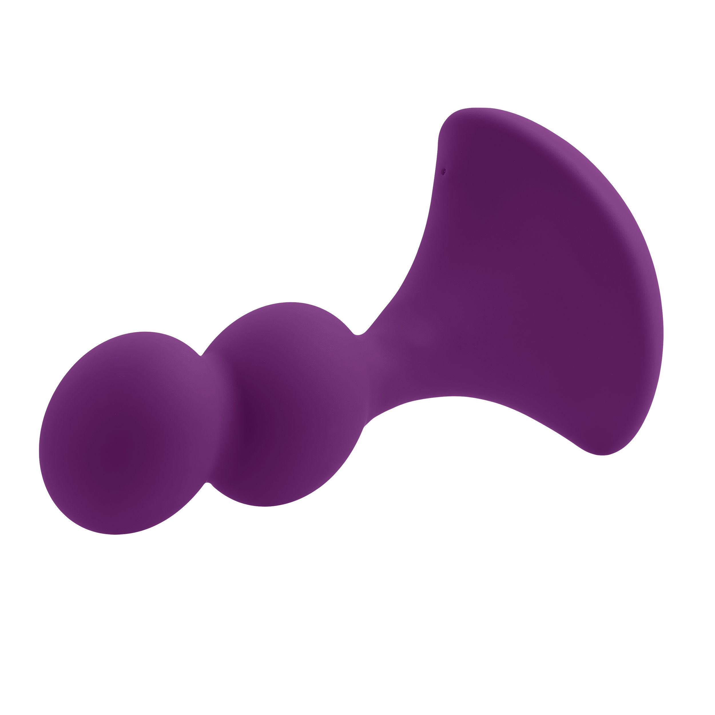 Ein lila Sexspielzeug. Es hat drei runde Teile, die verbunden sind. Das Design hat eine gebogene Form rechts.