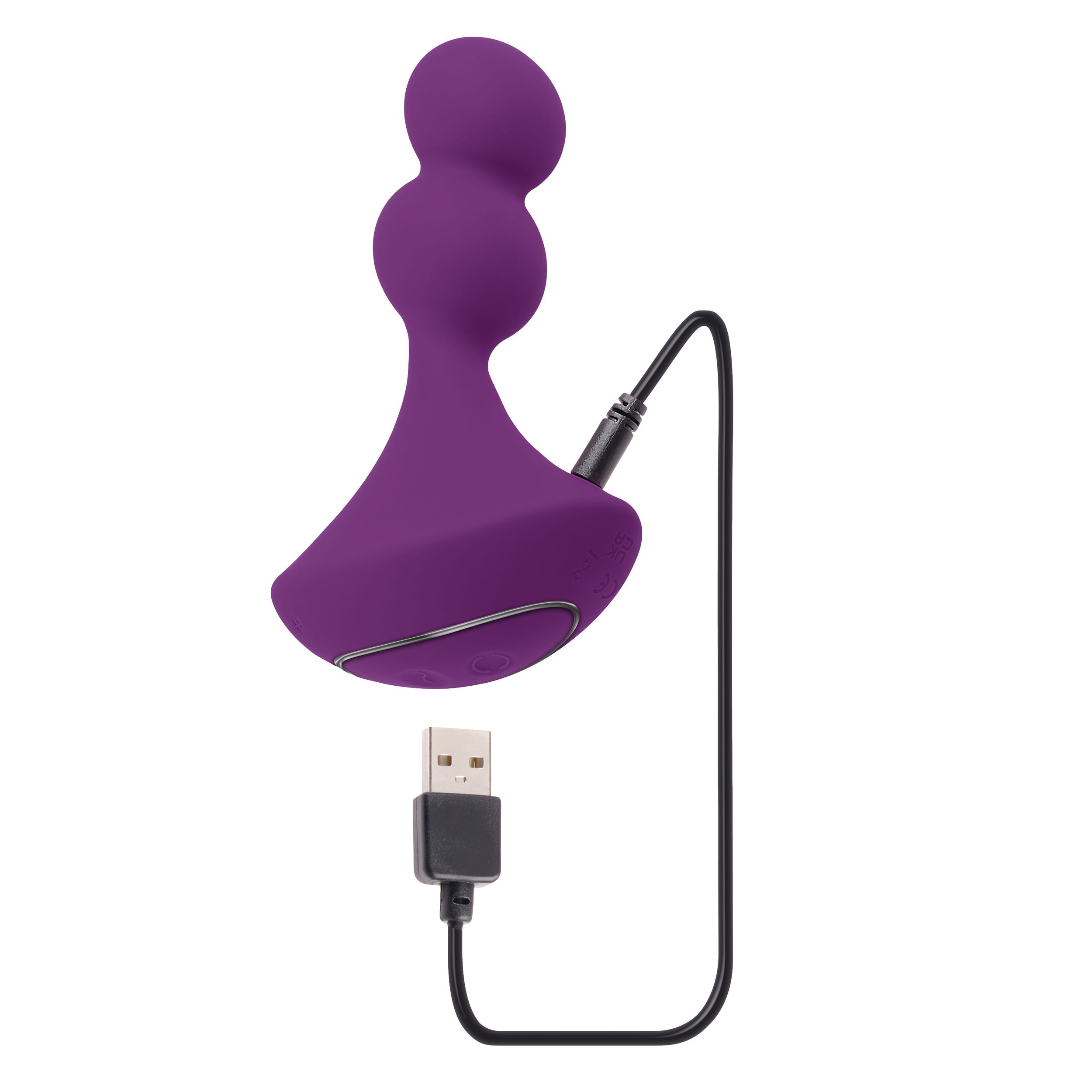 Lila Vibrator mit USB-Ladekabel, auf weißem Hintergrund.