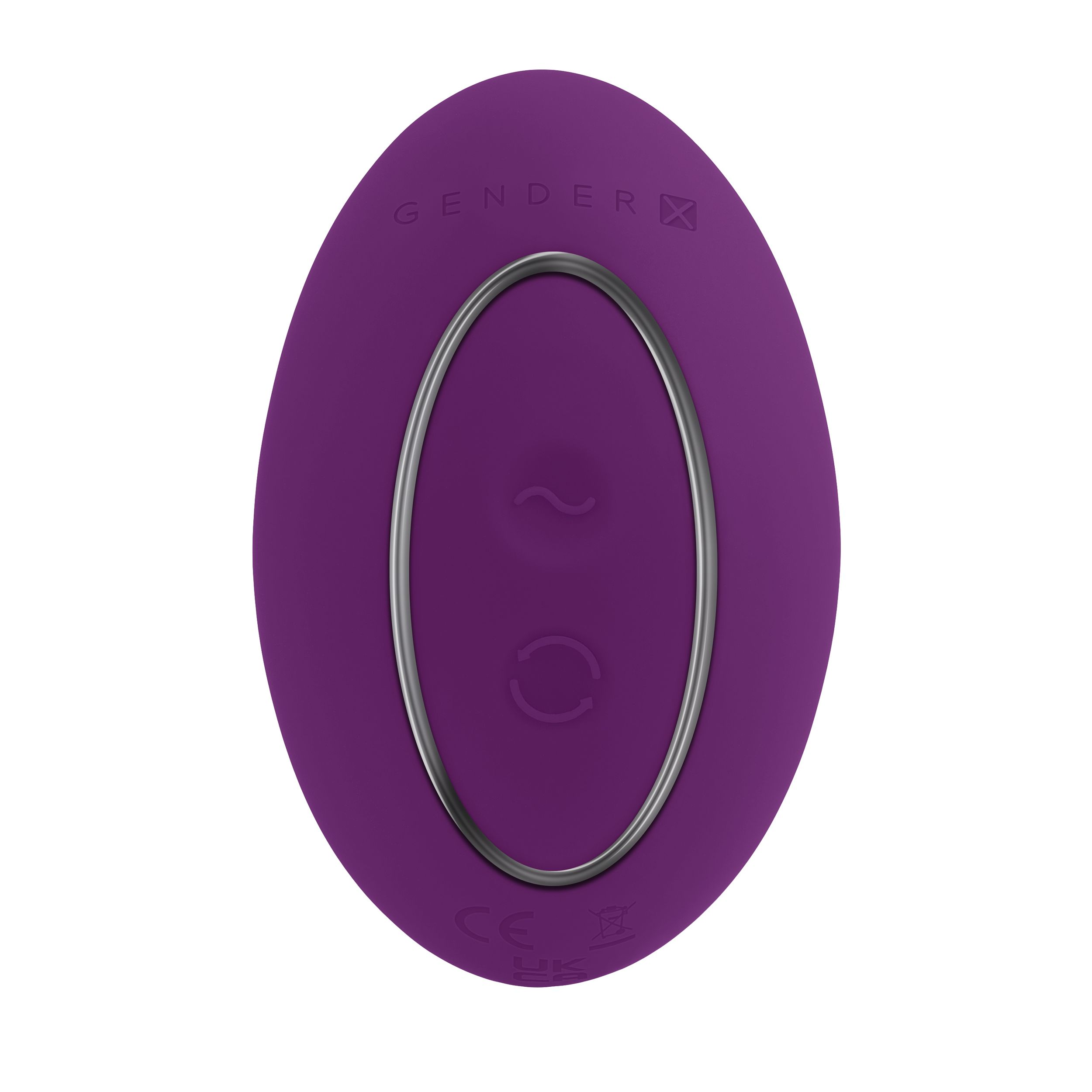 Ein lila Vibrator mit zwei Knöpfen und silberner Verzierung. Das Wort 'GENDERx' steht oben.
