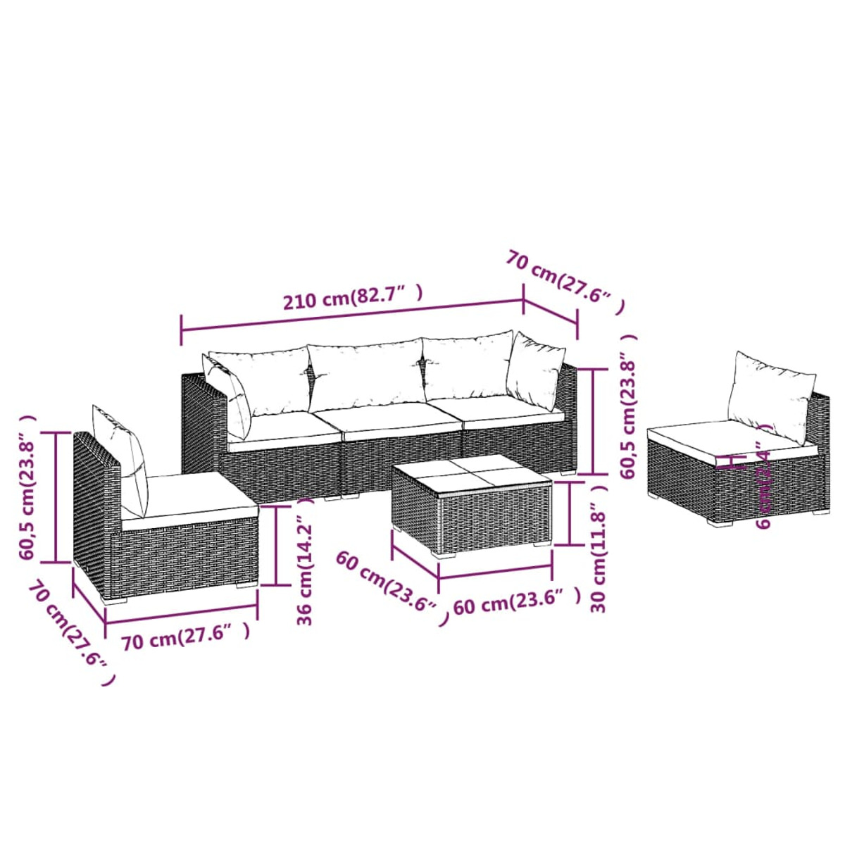 Geflochtenes Gartenmöbel-Set: Sofa, zwei Stühle und ein Couchtisch.