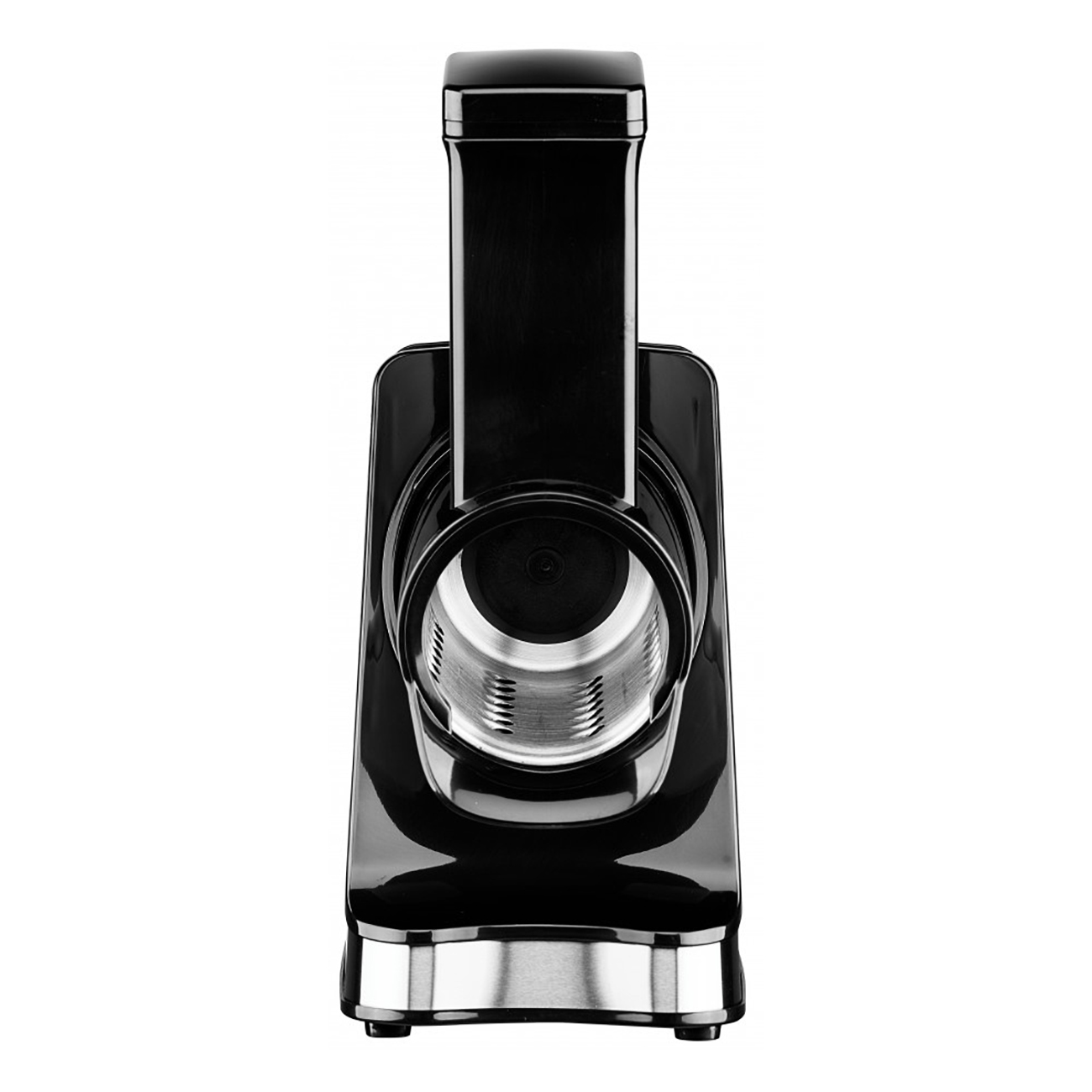 Schwarzer Küchenmixer, Draufsicht, zentriert. Die Klingen und die Basis sind sichtbar.