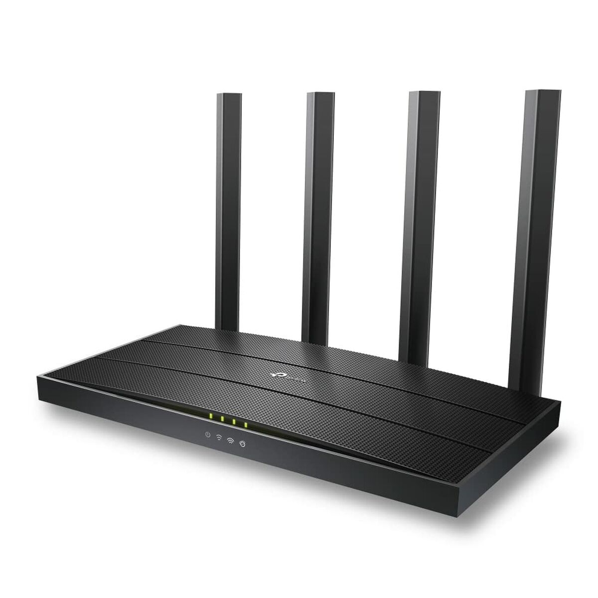 Czarny router z czterema antenami. Ma światła i logo. Białe tło.