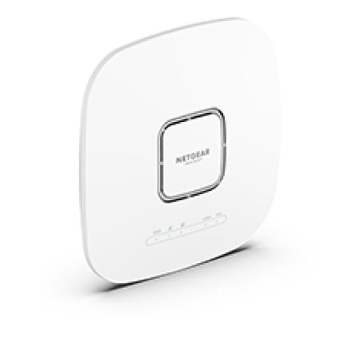 Vista angolata di un access point bianco NETGEAR Insight, che evidenzia il suo design pulito e le spie di stato.