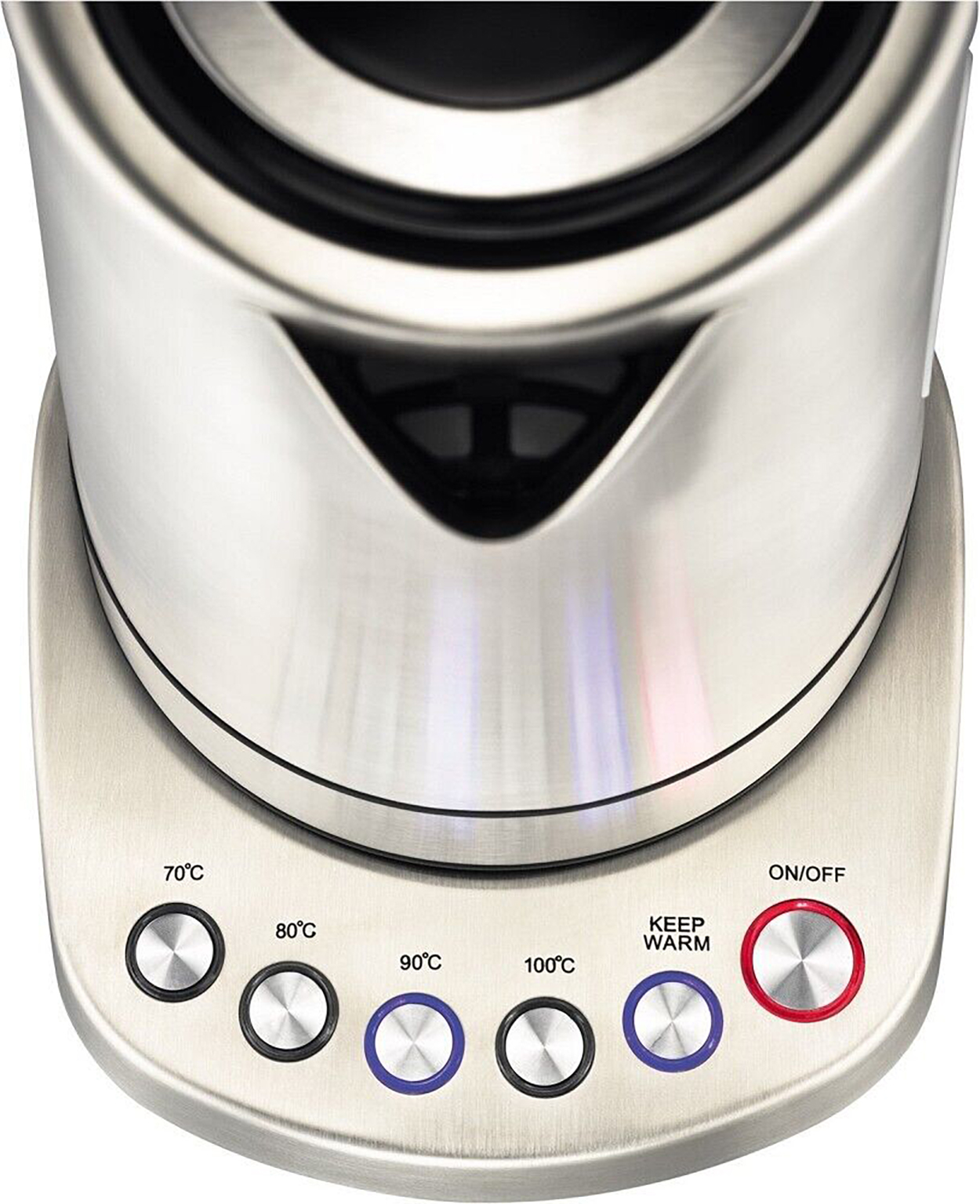 Elektrischer Wasserkocher mit Temperaturreglern und Ein/Aus-Taste. Weißer Hintergrund.
