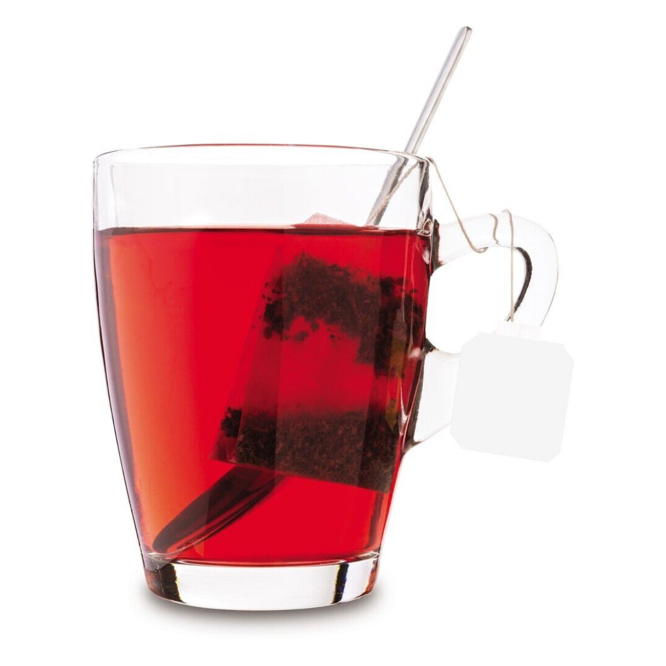 Ein Glas Rottee mit Teebeutel und Löffel, isoliert auf weißem Hintergrund.
